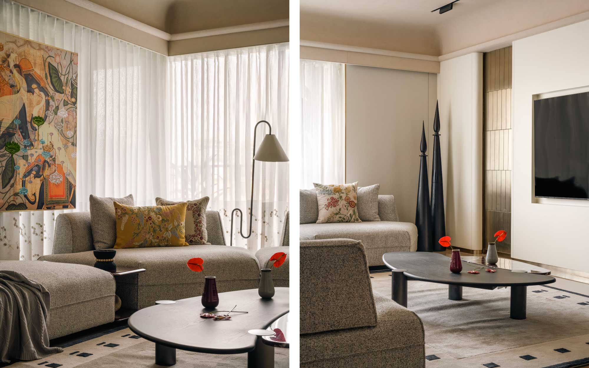 Left: The moving artwork is UV printed with sequins and handwork detailing by Ujjval Shah from Noya Studio. Right: The muted colour palette is enhanced by striking metal accents throughout the home. (Image credits: Murtaza Gandhi)
