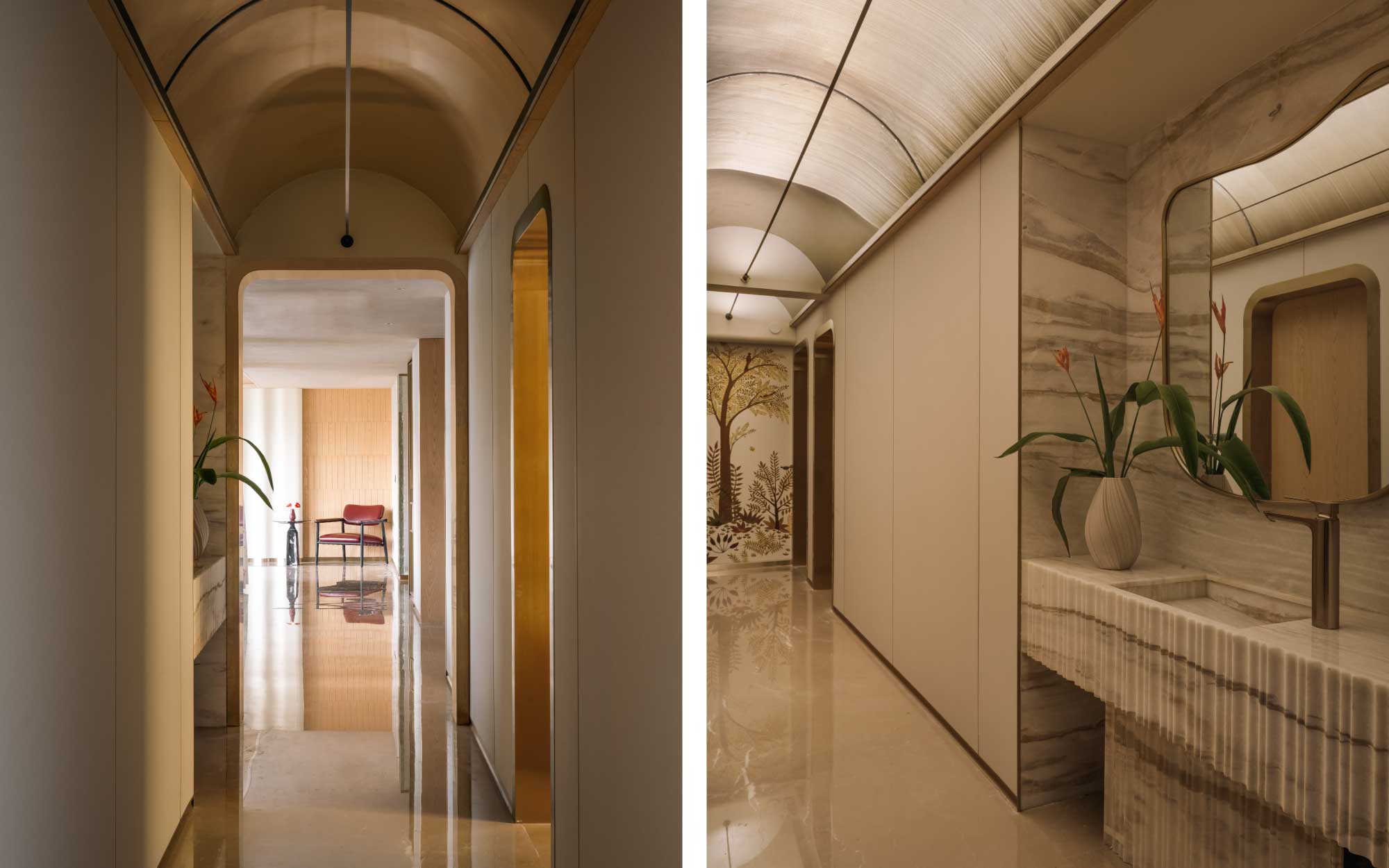 Left: The passage features a vaulted metal-clad ceiling flushed with soft, concealed lights. Right: The artwork is by Shaina Art. (Image credits: Murtaza Gandhi)

