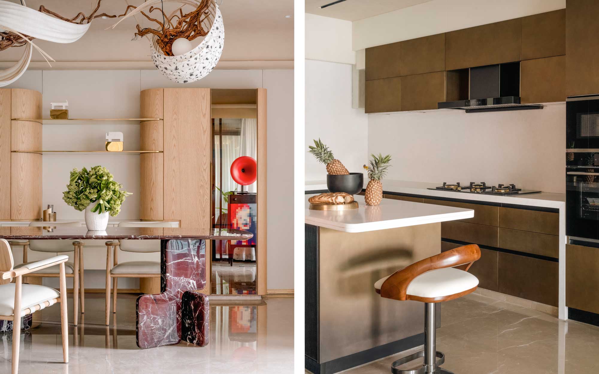 Left: The dining table is made of Rosso Levanto Marble from Minotti. The suspended light is by Radhika Sanghvi. Right: The kitchen was executed by Black Kitchens. (Image credits: Murtaza Gandhi)
