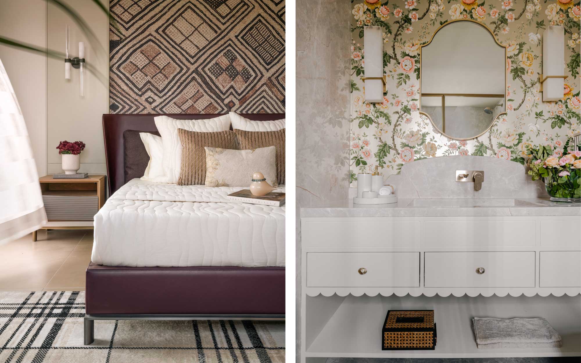 Left: The grandparents’ bedroom is a neutral palette with textures to induce a calm environment. Right: The master bathroom is designed with traditional opulent features such as gold accents, scallops, and florals. (Image credits: Murtaza Gandhi)
