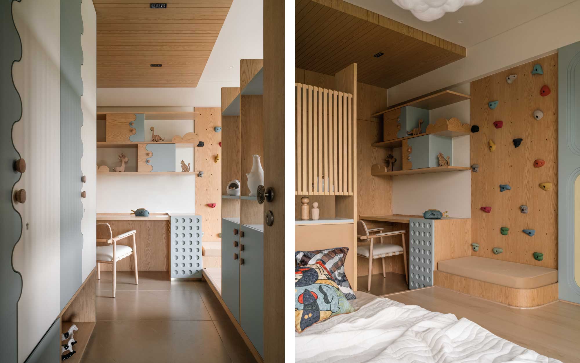 Left: The kids’ bedroom has been designed to be modular and to be fun at all times. Right: A small rock climbing wall has been built into the design to enhance the kids’ experience. (Image credits: Murtaza Gandhi)
