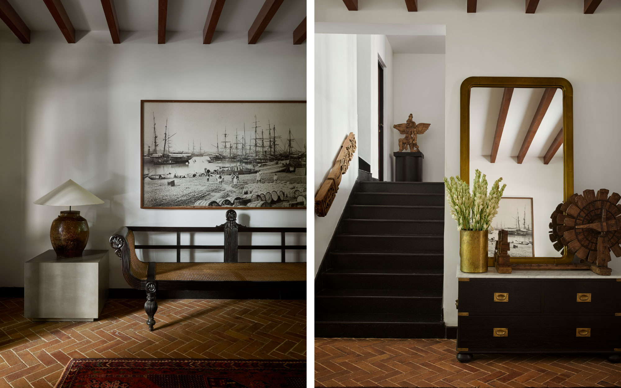 Left: In the foyer, a photograph of a fishing village sourced from Amethyst, Chennai, forms a backdrop to the antique Dutch bench sourced from Souk perched on rustic flooring. Right: In the living area, a wooden chest of drawers from Mumbai’s Mahendra Doshi is paired with a solid handmade charkha from the Purple Turtles, Chennai. (Image Credits: Talib Chitalwala)