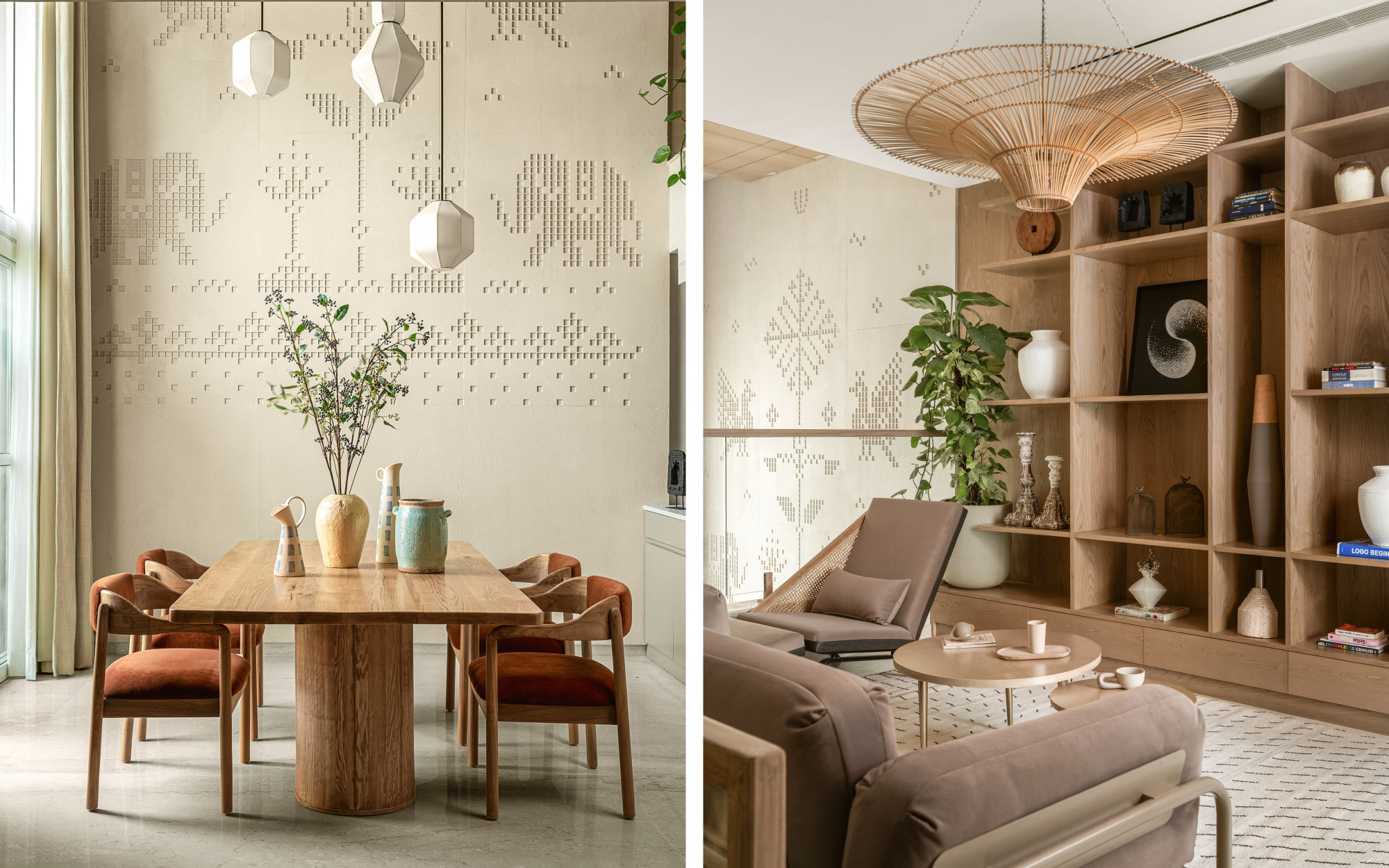 Right: In keeping with the high-tech notes, the dining area features a pixelated rendition of traditional motifs. Right: The lounge on the upper floor imbues a galleryesque aesthetic with a shelf displaying trinkets.