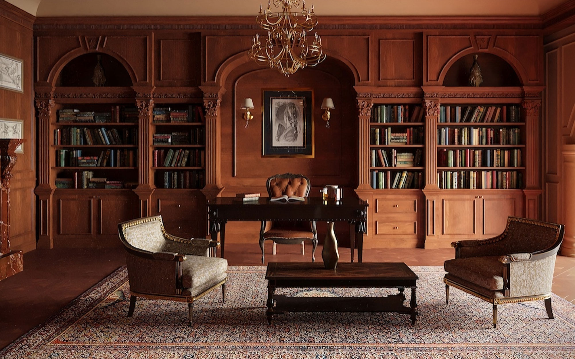 This home library with bespoke wooden carved shelves and Chesterfield armchairs conjures an old-world charm. (Image credits: Aashi Gupta Designs)