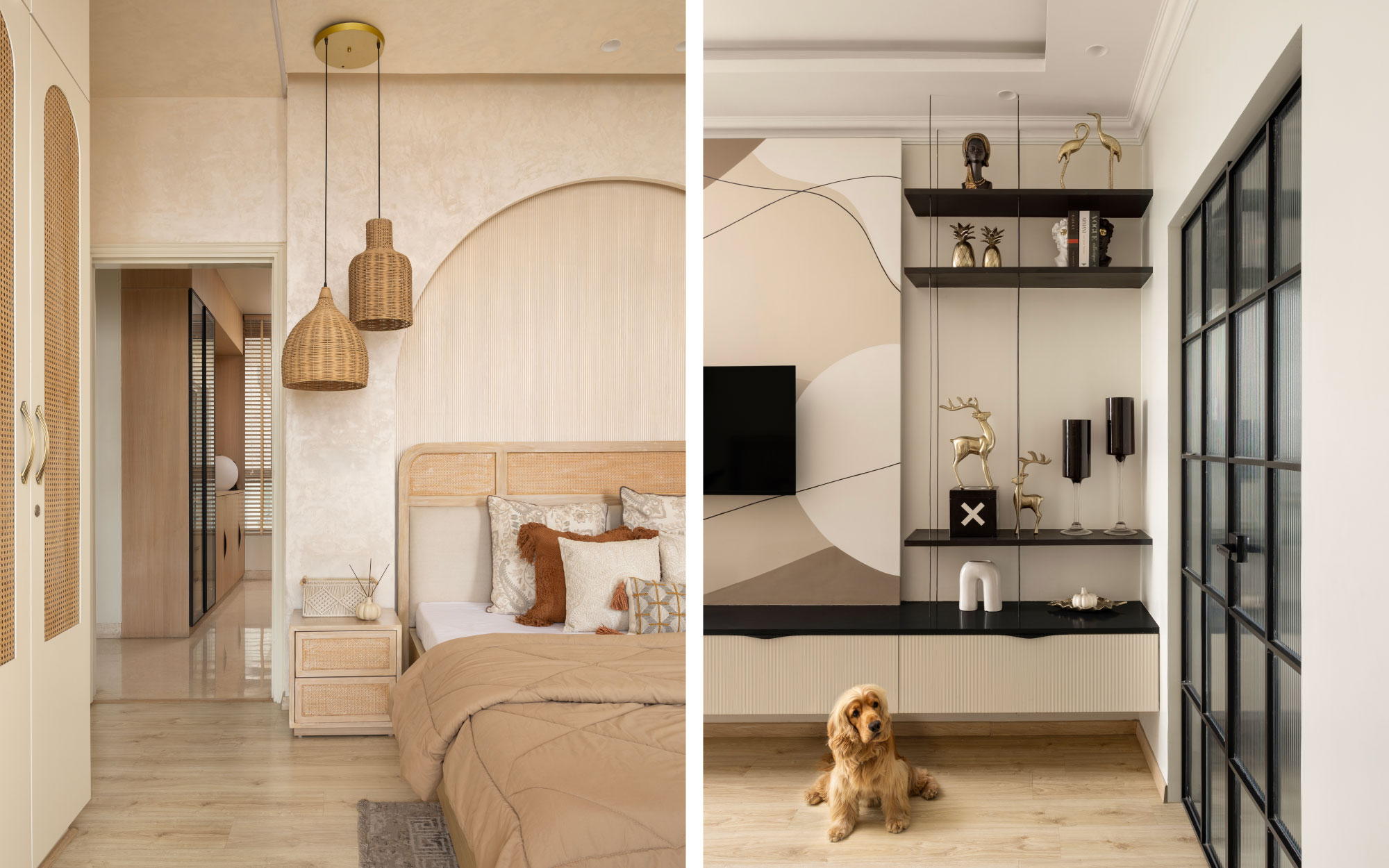 Left: The bedrooms are crafted to specifically accommodate the occupant’s routines and personalities. Right: In the living area, the shelves transform into a curated display of travel trinkets. (Image Credits: TakenIn Studios)