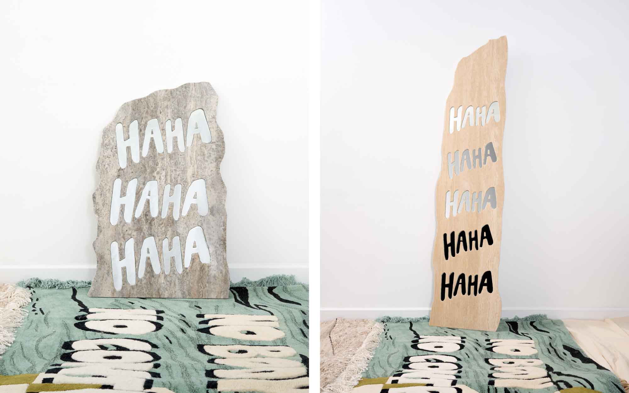 ‘HAHA’ by Inderjeet Sandhu. Slabs of marble are inlaid with the words HaHa, creating fragmented reflections similar to the distortions in funhouse mirrors. (Image Credits: Giovanni Salice) 