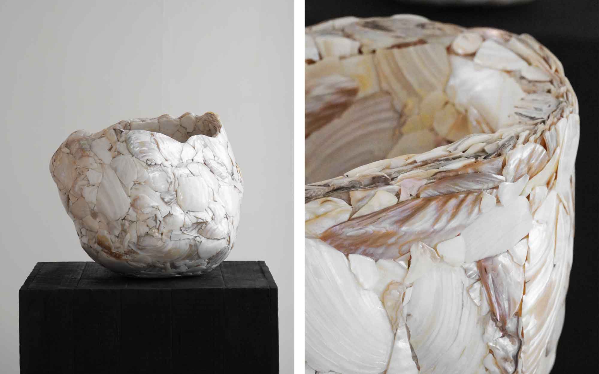 Close-up of monumental vases for Tidal Waves at Aequo, 2025. In collaboration with shell artisans at Santhoshi Handicrafts, Sandhu conceived a series of structurally sculpted Mother of Pearl fragments into stunning objects. (Image Credits: Aequo Gallery ) 