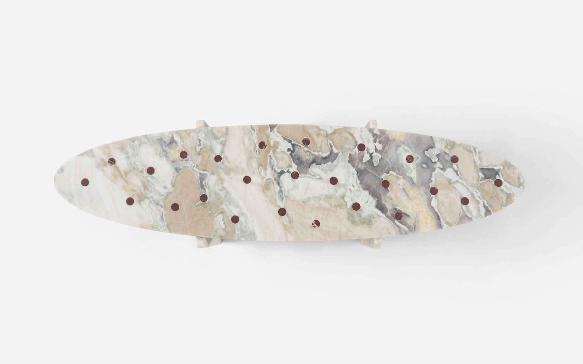 ‘External Beings’ by Inderjeet Sandhu. By embedding the marble landscape with polka dots and stripes: patterns that previously represented impurity, disease, and for social outcasts, a literal settling of a foreign body is taking place in the marble landscape. Image Credits: Inderjeet Sandhu) 