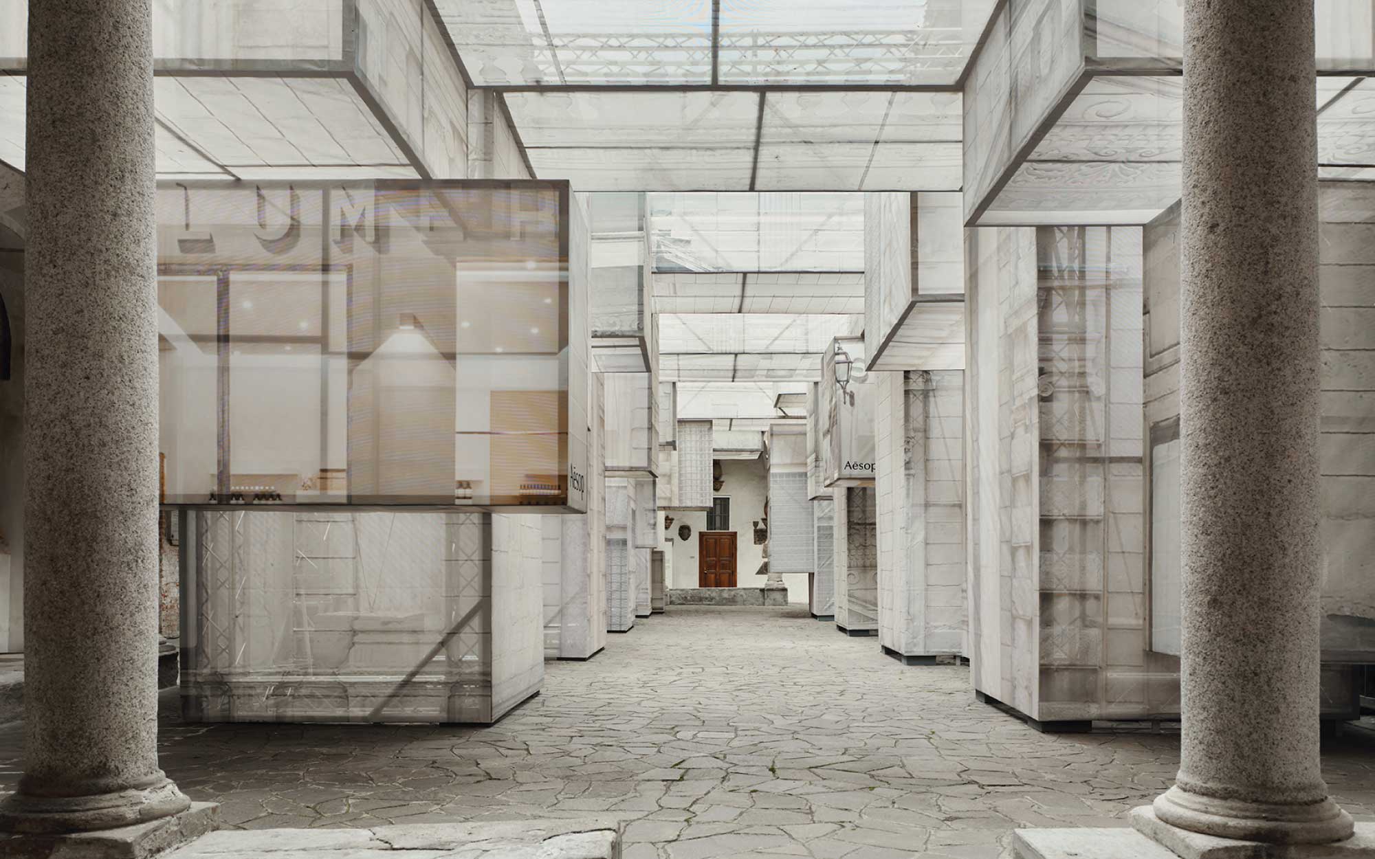 The structure’s translucent walls were erected from scaffolding, wrapped in salvaged trompe-l’oeil tarpaulins. Originally used to shroud notable buildings undergoing restoration, these materials speak of Aesop’s approach to responsible design. (Image Credits: Aesop)
