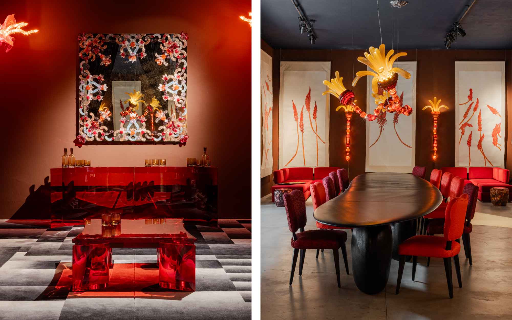  Left: The adjoining lounge to the dining area unfolds in a deep red tonal register, where seating clusters and sculptural furnishings soften the transition from convivial dining to a more intimate salon. Right: Gal Gaon’s dining table anchors the dining area with sculptural ease, paired with Derin Beren Yalcin’s fumoir that shifts the atmosphere into a more intimate register. (Image Credits: Alejandro Ramírez Orozco)