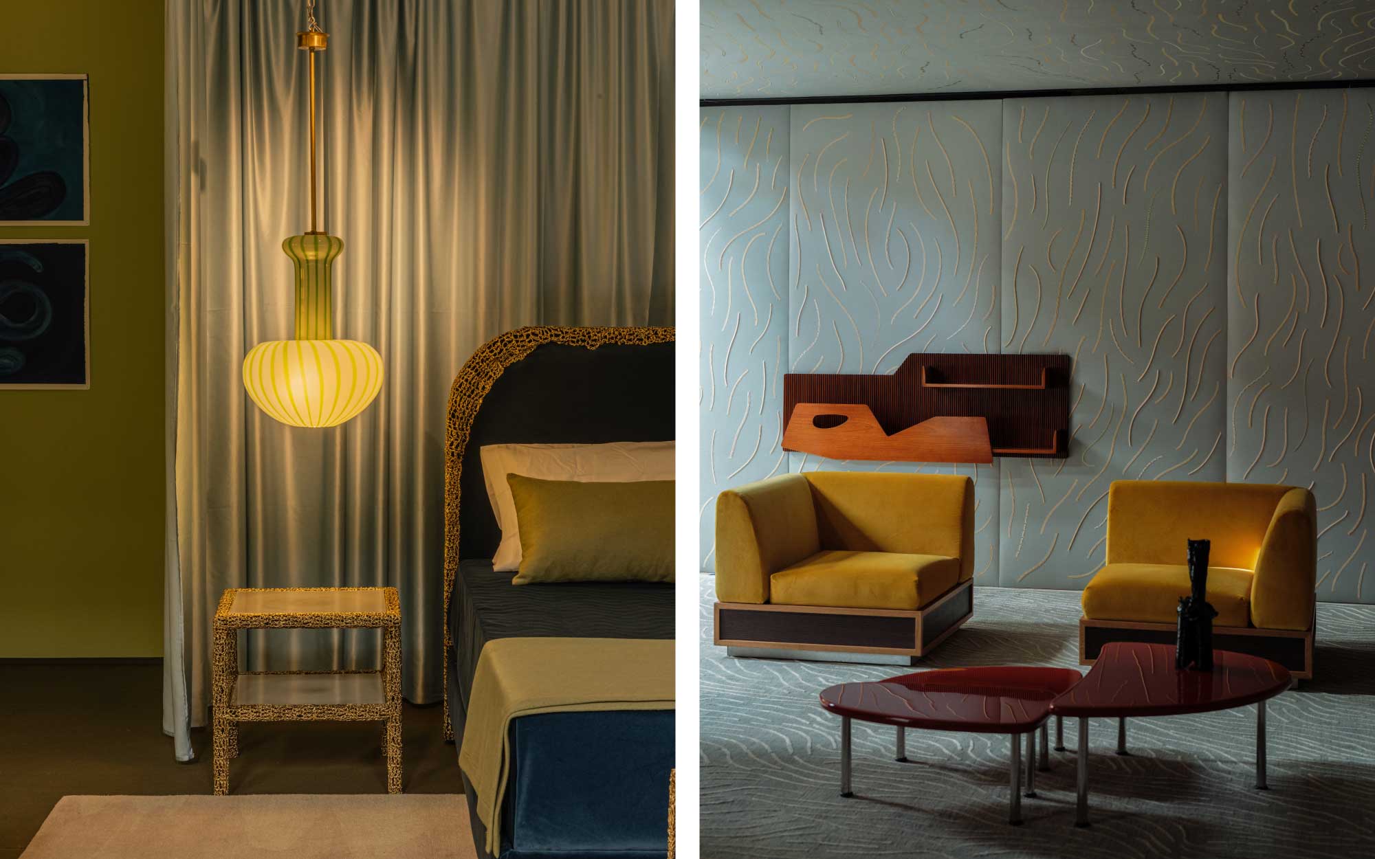 Left: Filippo Carandini’s bedroom unfolds as a nocturnal composition of colour, form, and instinct, where hand-painted surfaces, bronze accents, and softly luminous details shape a dreamlike interior. Right: The david/nicolas bedroom unfolds as a continuous, immersive shell where hand-painted and embroidered surfaces wrap the space, blurring floor, wall, and ceiling into a single, fluid architectural gesture. (Image Credits: Alejandro Ramírez Orozco)