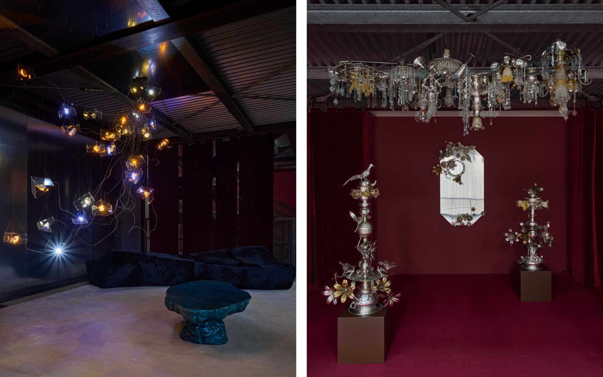 Left: Maximilian Marchesani’s Carbon Cycles introduces a material dialogue on the first floor, where glass, metals, and organic traces converge into luminous forms that explore the fragile balance between nature and technology. Right: VON PELT Atelier’s ‘Deconstructed Bourgeoisie’ reimagines vintage silverware and Murano fragments into sculptural lighting and mirrors. (Image Credits: Filippo Pincolini)