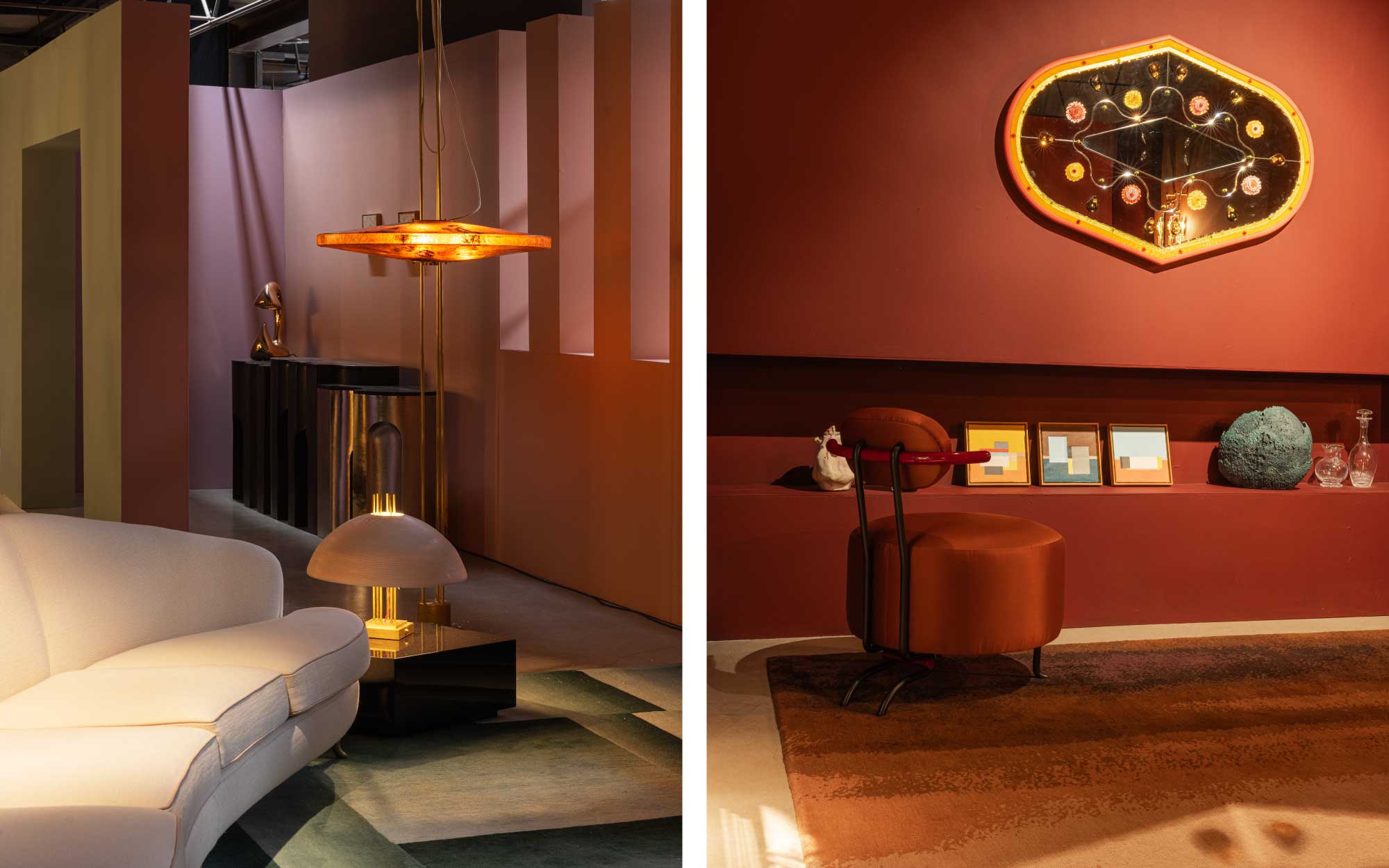 Left: In the penthouse lounge, the narrative is shaped by a constellation of voices. Right: The mirror and red armchair punctuate the penthouse lounge as bold, sculptural accents—reflective, tactile, and chromatically charged. (Image Credits: Alejandro Ramírez Orozco)