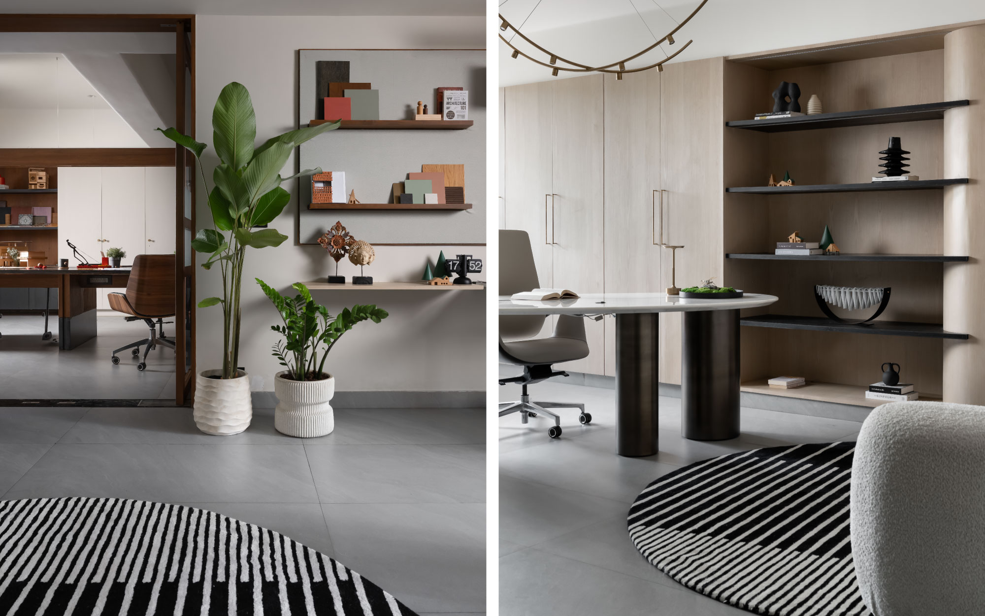 Muted walls crowned with eclectic decor and green planters bring home-like warmth. Right: The clean-lined leather sofa, intricate coffee table, wardrobes, and shelving unit infuse the space with modern sophistication, while the printed rug adds a touch of warmth and texture. (Image Credits: Arjun Krishna)