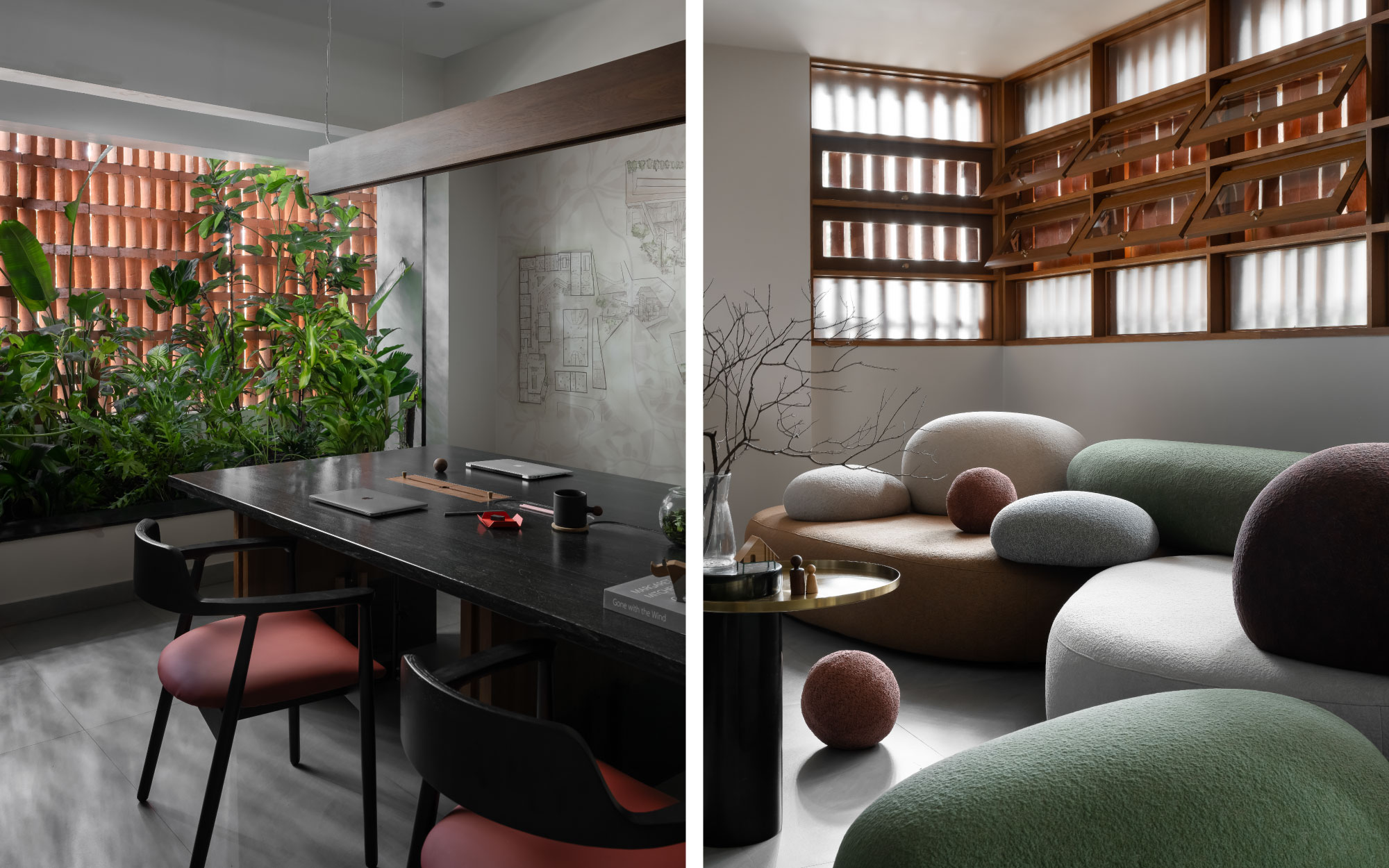 Left: Workstations open onto lush plants and perforated brick screens. Right: In the reception area, the top-hung windows strike a balance between privacy and the influx of natural light and ventilation, and the curvaceous sofa establishes an atmosphere of harmony and inspiration. (Image Credits: Arjun Krishna)