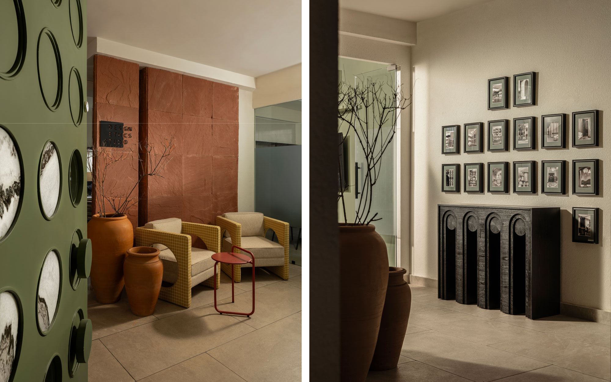 Left: At the entrance, sandstone, terracotta, and muted tiles form a palette rooted in natural honesty. Chairs with circular arms, paired with a slender red table, introduce geometry into the setting. Right: A gallery wall with framed photographs tells the story of the studio’s design journey. (Image Credits: TakenIn Studios)