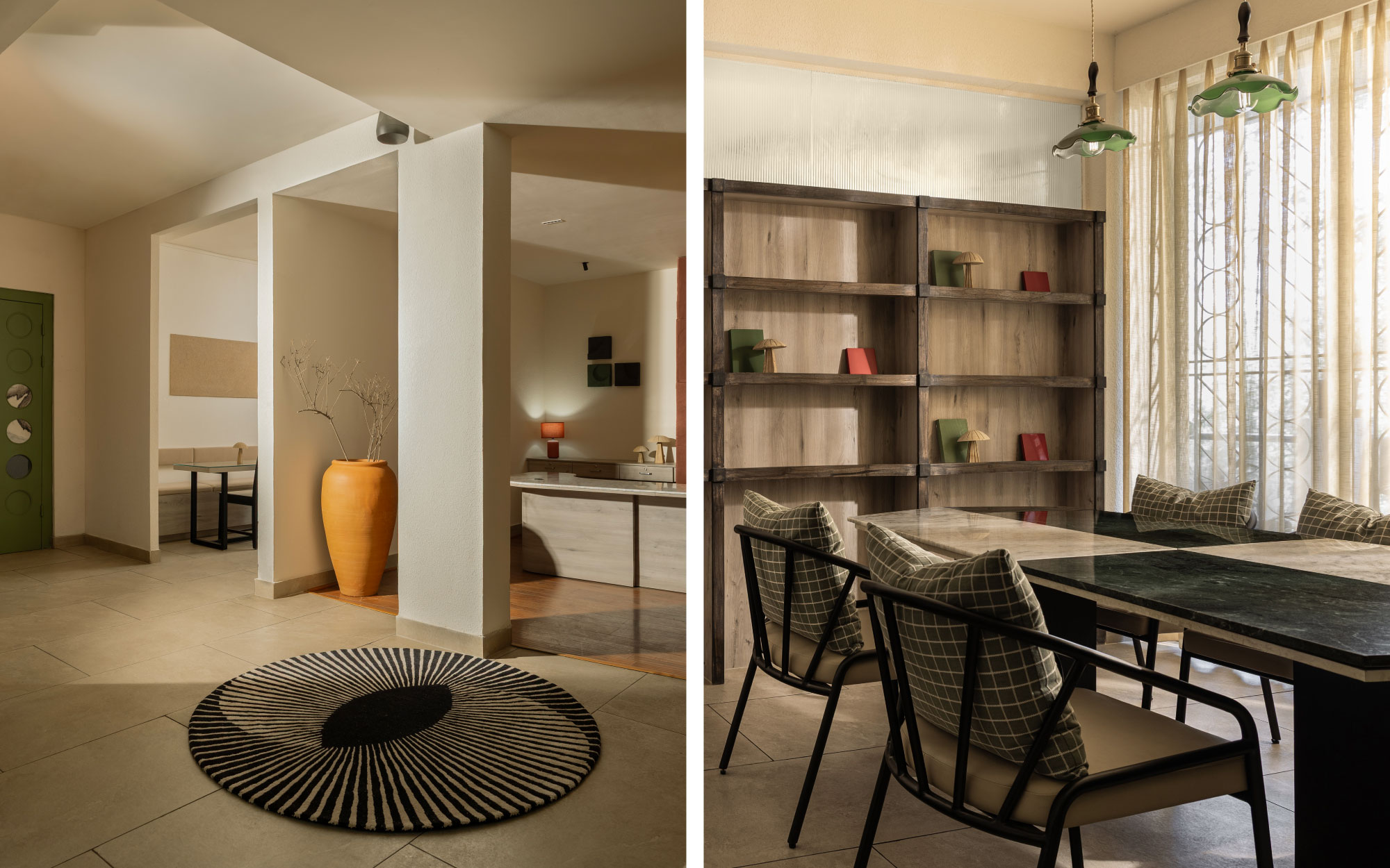 Left: Textured paint by Birla Opus adds depth to walls, while lighting from Katalite shapes moods across spaces, sharp when needed, subdued when quiet focus is called for. Right: Small but intentional artefacts sourced from Address Home and OMA punctuate the meeting room’s setting. (Image Credits: TakenIn Studios)