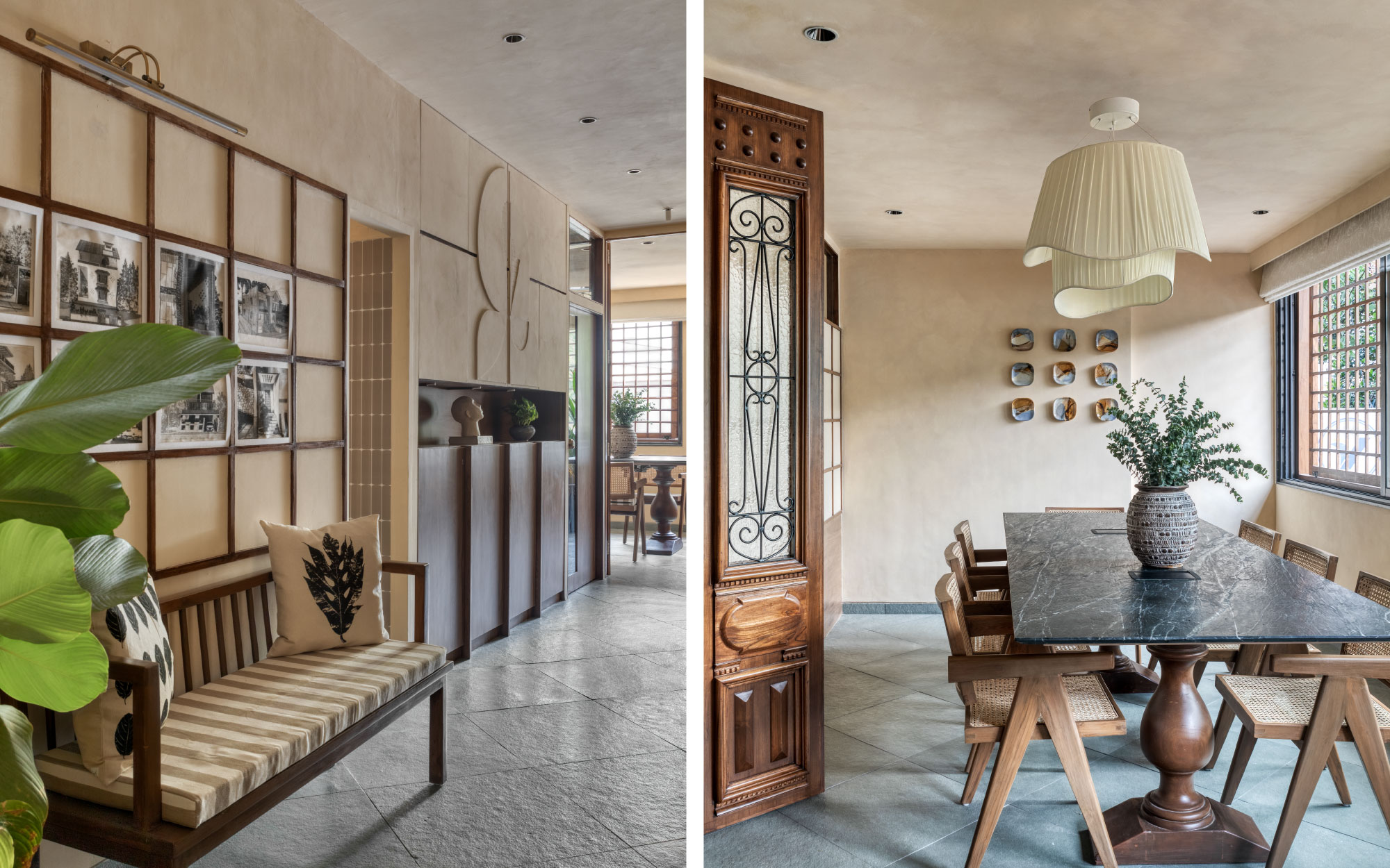 Left: A vendor-discussion area is nested in the backdrop of the design studio’s logo, which is mounted on a lime-washed wall bound by a wooden grid accent. Right: The art and artefacts are sourced from a range of skilled artists. The door of the conference room evokes a vintage charm with its assembly of individually crafted wooden pieces, complemented by intricate wrought ironwork on textured glass. (Image Credits: Pulkit Sehgal)