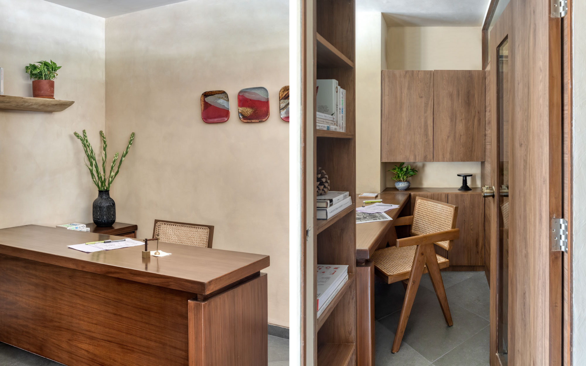 Two cabins open up on either side: one for the architects and the other for client discussions. The workstation is hidden in the grains of wood and interlaced with the weaves of rattan. (Image Credits: Pulkit Sehgal)