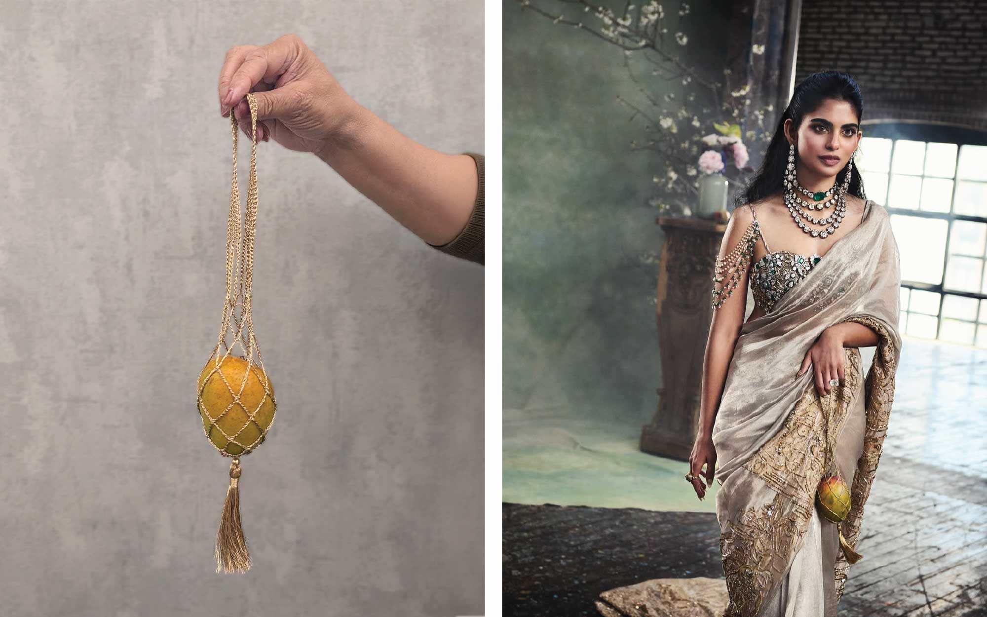 Left: 3.10 By Guggi created this bespoke encasement, ensuring it was comfortable to hold yet strong enough to carry the weight of the sculpture. Right: Ambani adorns an enchanting gem-encrusted blouse exhibiting an eclectic mix of over 1000 diamonds, emeralds, and polki pieces strung together, a gilded form of wearable art. (Image Credits: 3.10 By Guggi) 