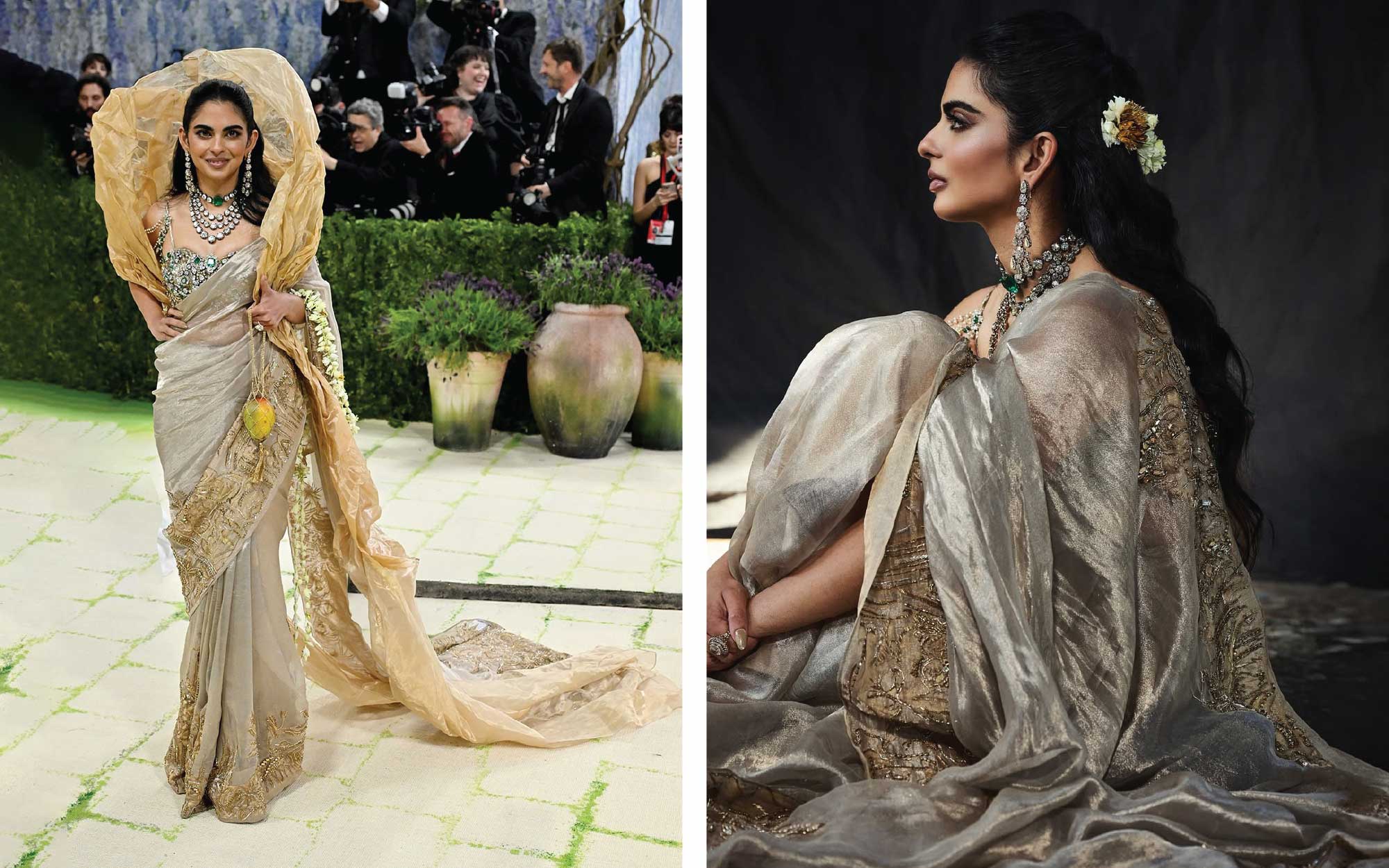 Left: Subodh Gupta’s Mango features strongly as an eye-catching detail, bringing whimsy to the fore. Right: Gaurav Gupta’s creation is an ode to the iconic Indian painter Raja Ravi Varma’s painting titled ‘The Lotus Lady’. (Image Credits: 3.10 By Guggi) 