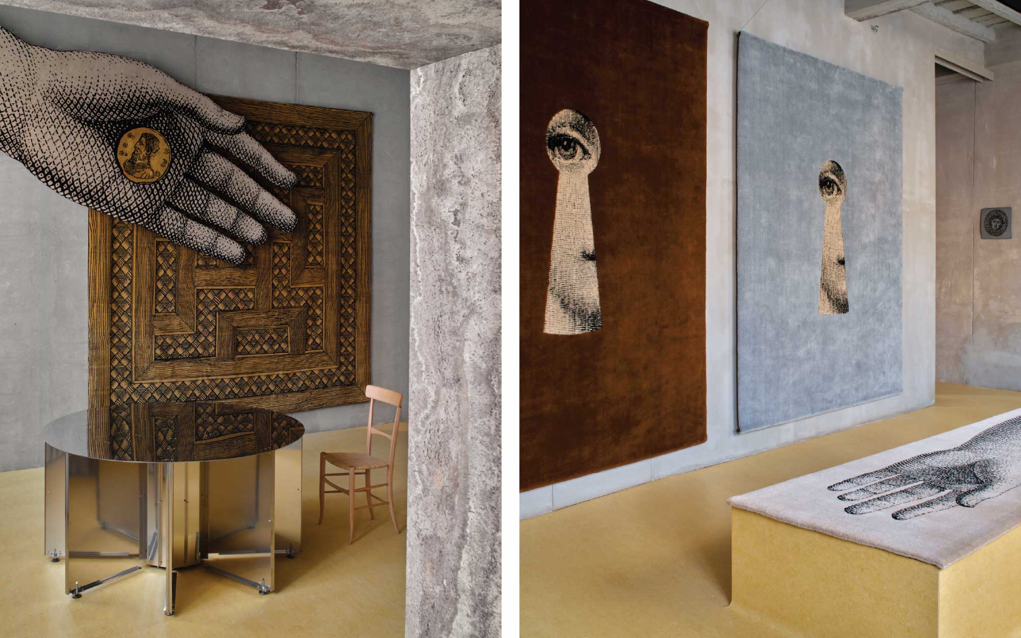 At the Fornasetti store in Milan, (Meta)Fisica by Fornasetti and cc-tapis transforms rugs into surreal landscapes suspended between theatre, illusion, and metaphysical dreamscapes. (Image Credits: Giulio Ghirardi) 
