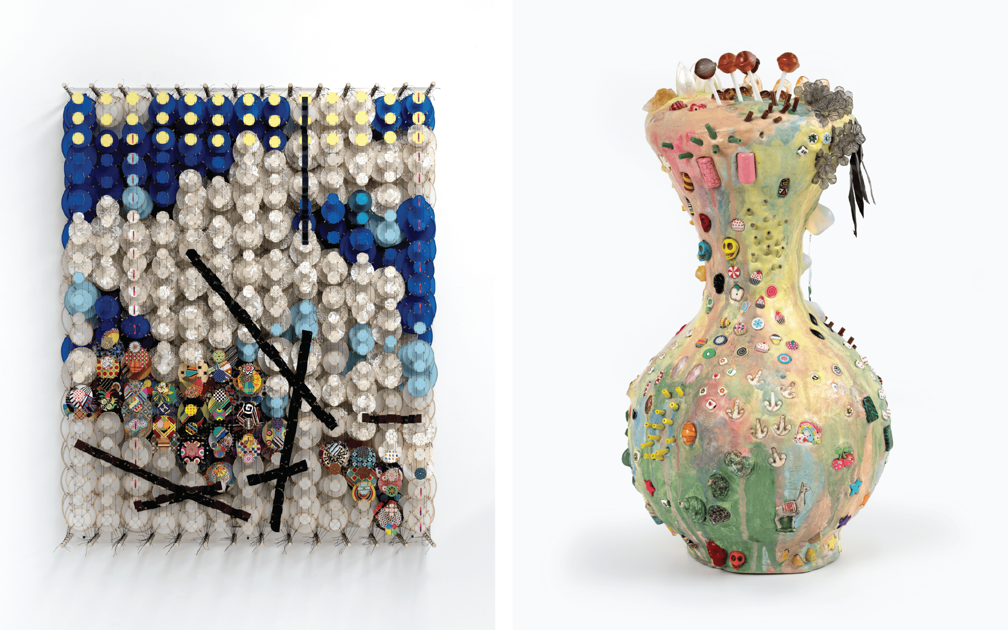 Left: Jacob Hashimoto’s work comprises hundreds of small bamboo and paper kite-like elements, which are strung together in chains. (Image Credits: Gallery Ronchini) Right: Sara Ramo works with discarded fabric scraps, cardboard, wrappers, and found objects to create uncanny sculptural installations. (Image Credits: Gallery Almeida & Dale and photographer Sergio Guerini)