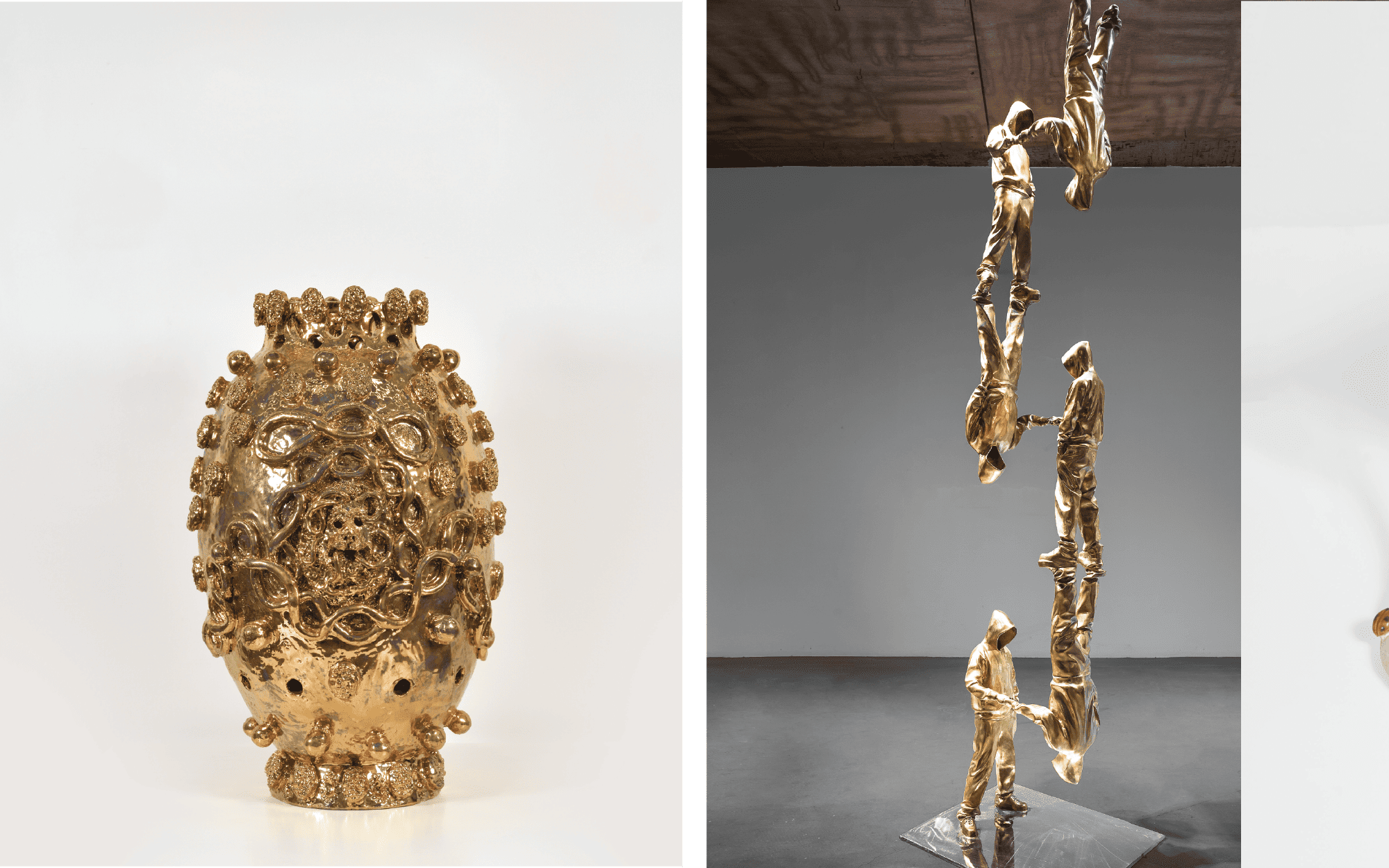 Left: Hélène Delprat’s ceramic works explore memory, fragility and transformation. (Image Credits: Galerie Christophe Gaillard, Hauser & Wirth, the artist, and photographer Rebecca Fanuele) Right: Huang Yulong uses ceramic, bronze, and steel to reframe the hoodie as a symbol of youth identity and emptiness, where layered figures evoke ideas of duality and coexistence. (Image Credits: Gallery Ora-Ora and the artist)