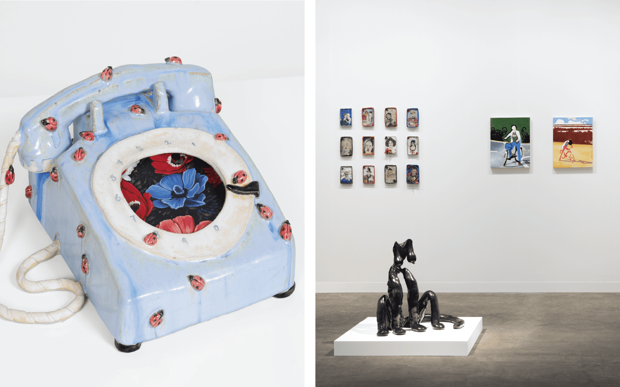 Left: Stephanie Temma Hier’s fuses painting and sculpture, embedding found imagery into hand-built forms to slow visual culture and examine consumption and cultural hierarchies. (Image Credits: Gallery Bradley Ertaskiran, the artist, and photographer William Sabourin) Right: installation view at Sadie Coles’ booth. (Image Credits: Sadie Coles HQ, Art Basel Hong Kong, Booth 1C04)
