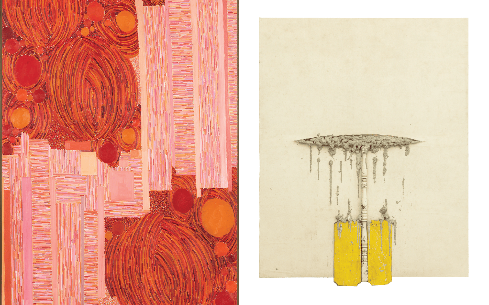 Left: Lynne Drexler was an Abstract Expressionist known for vibrant, mosaic-like colour fields shaped by life in New York and on Monhegan Island. (Image Credits: The Lynne Drexler Archive and Gallery Berry Campbell) Right: Bernardo Pacquing uses readily available materials—often furniture, tiles, wires, and paint boxes—alongside concrete, to merge painting and sculpture through slashed canvases and embedded objects. (Image Credits: Gallery Silverlens)