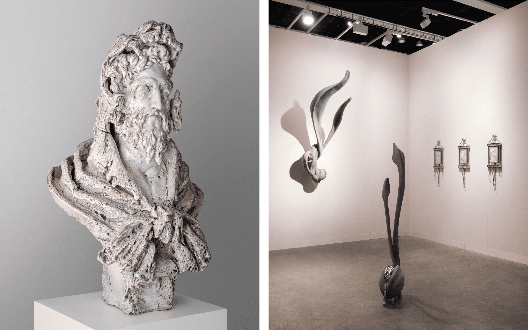 Left: Giuseppe Ducrot creates sculptures that reinterpret Baroque traditions into a contemporary sculptural language, engaging enduring archetypes of power, myth, and spectacle. (Image Credits: Galleria Lorcan O’Neill Roma) Right: Installation view of Gallery Francesca Minini booth where Ivana Bašić’s sculptures explore shifting states between human and non-human, matter and spirit, and themes of fragility, violence, and transformation. (Image Credits: Gallery Francesca Minini)
