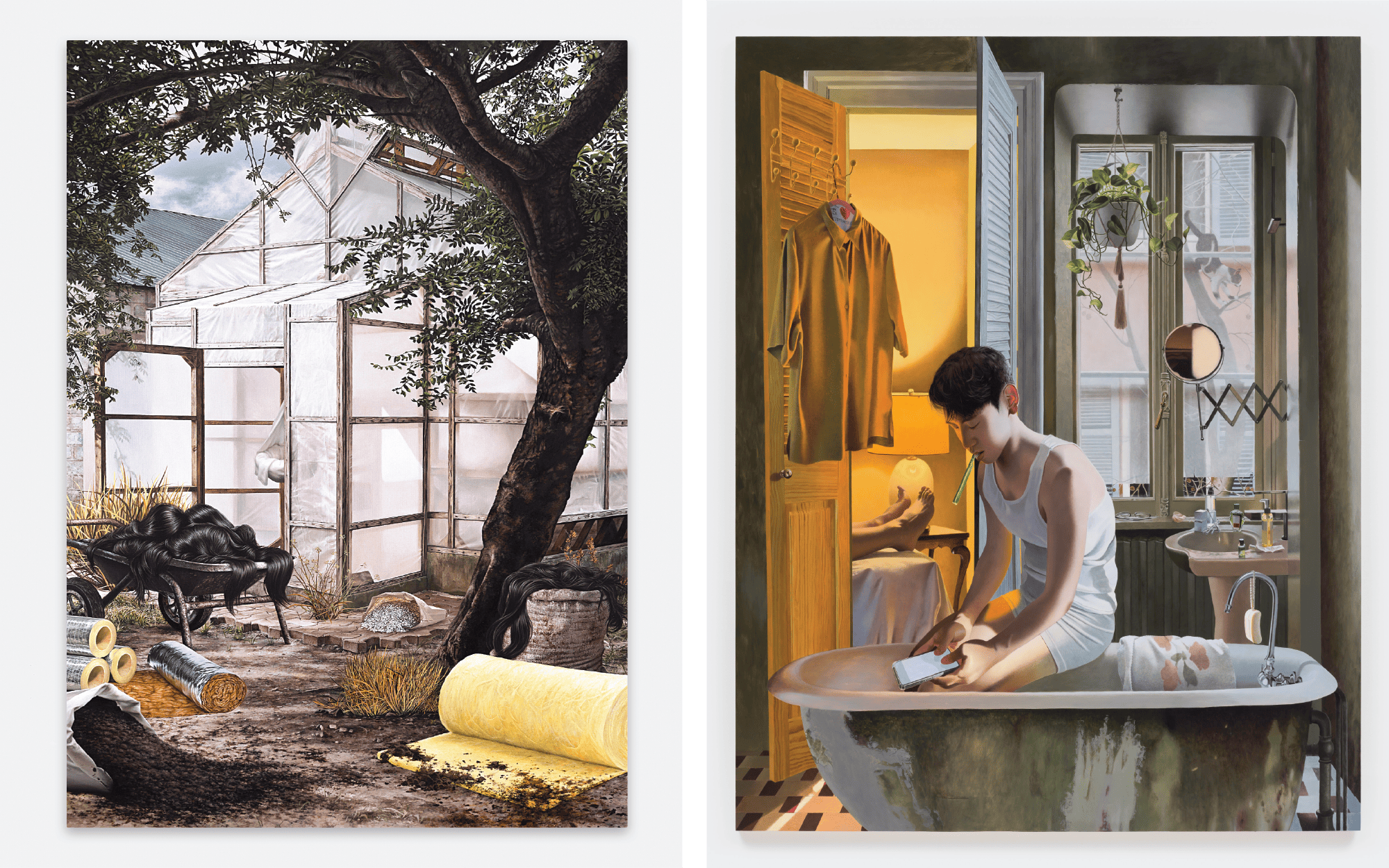 Left: Sun Woo’s greenhouse paintings use controlled, artificial environments as a metaphor for care, combining industrial and bodily materials to reflect on labour, extraction, and the gendered systems sustaining contemporary life. (Image Credits: the artist and Gallery Vacancy) Right: Kyle Dunn paints emotionally charged scenes of isolation and intimacy, where theatrical lighting and domestic spaces blur interior and exterior worlds into shifting moods and dreamlike states. (Image Credits: Gallery P·P·O·W, and photographer Ian Edquist)