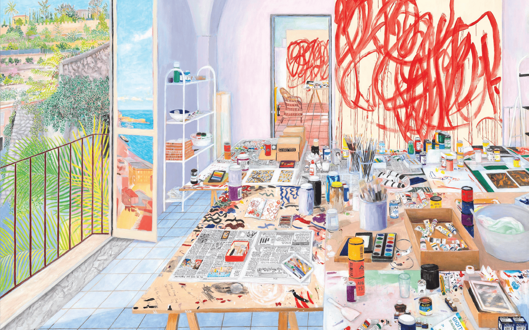 Damian Elwes reconstructs artists’ studios to explore moments of creative invention, shaped in part by his connection to Keith Haring, who encouraged him to pursue painting. (Image Credits: Gallery Pearl Lam)