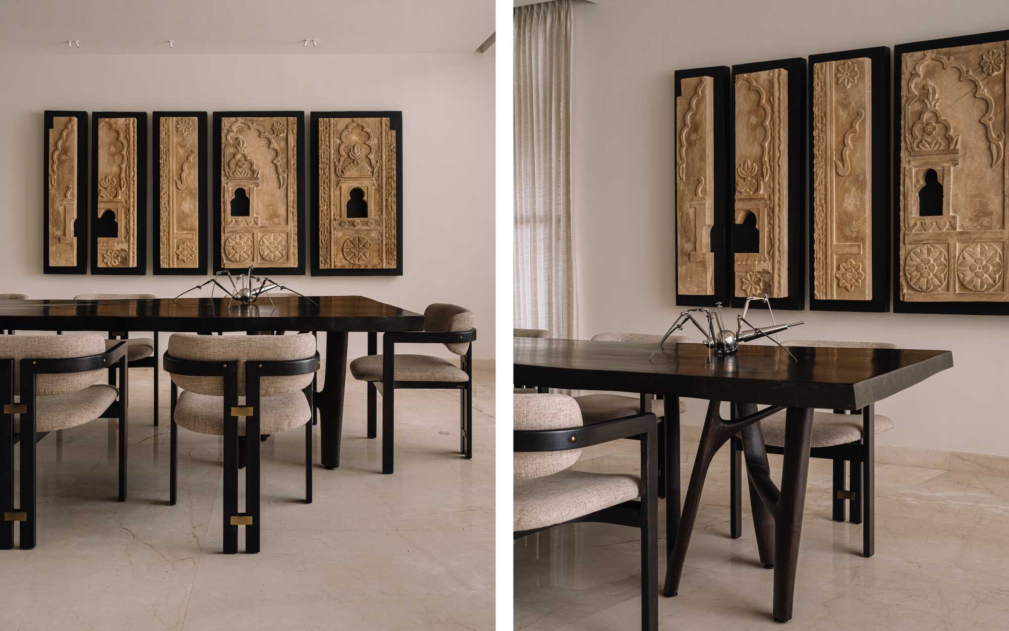 Left: A custom design dining table from Escape by Creatomy, chairs from Magari and a wall installation from Kosh enable a rich and striking ambience in the space. Right: The artwork emerges as a relief installation, adding texture to the space. (Image Credits: Ishita Sitwala) 
