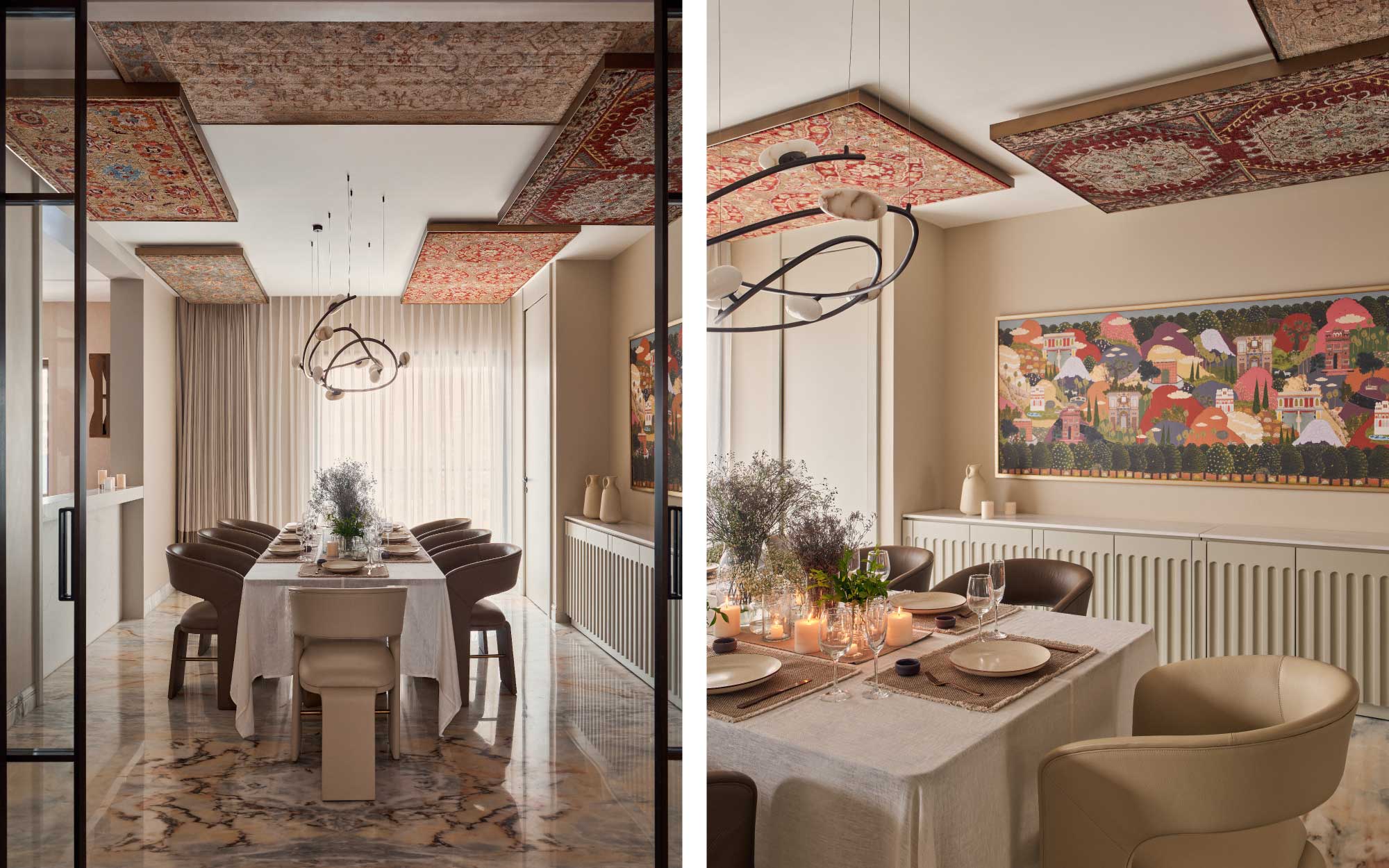 The formal dining room of this home features a stunning curation of handcrafted rugs by Jaipur Rugs, paired with furniture from Ochre At Home and lights by Emanate Lighting. (Image Credits: Gokull Rao Kadam)
