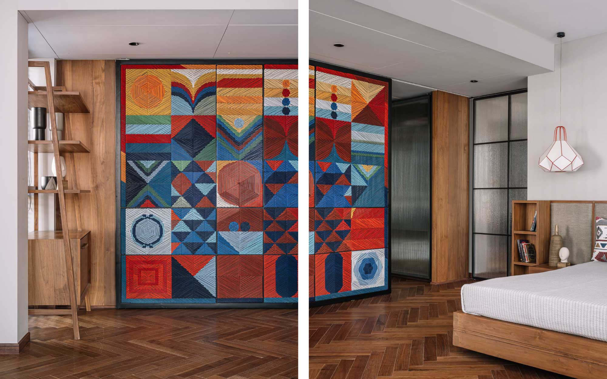 Left: The master bedroom with its embroidered artwork by Textile Designer Ujjval C Shah, blends sophistication with softness. Right: The hanging Purple Turtle light adds a whimsical touch, while earthy textures and muted tones keep the palette grounded and cohesive. (Image Credits: Ishita Sitwala)
