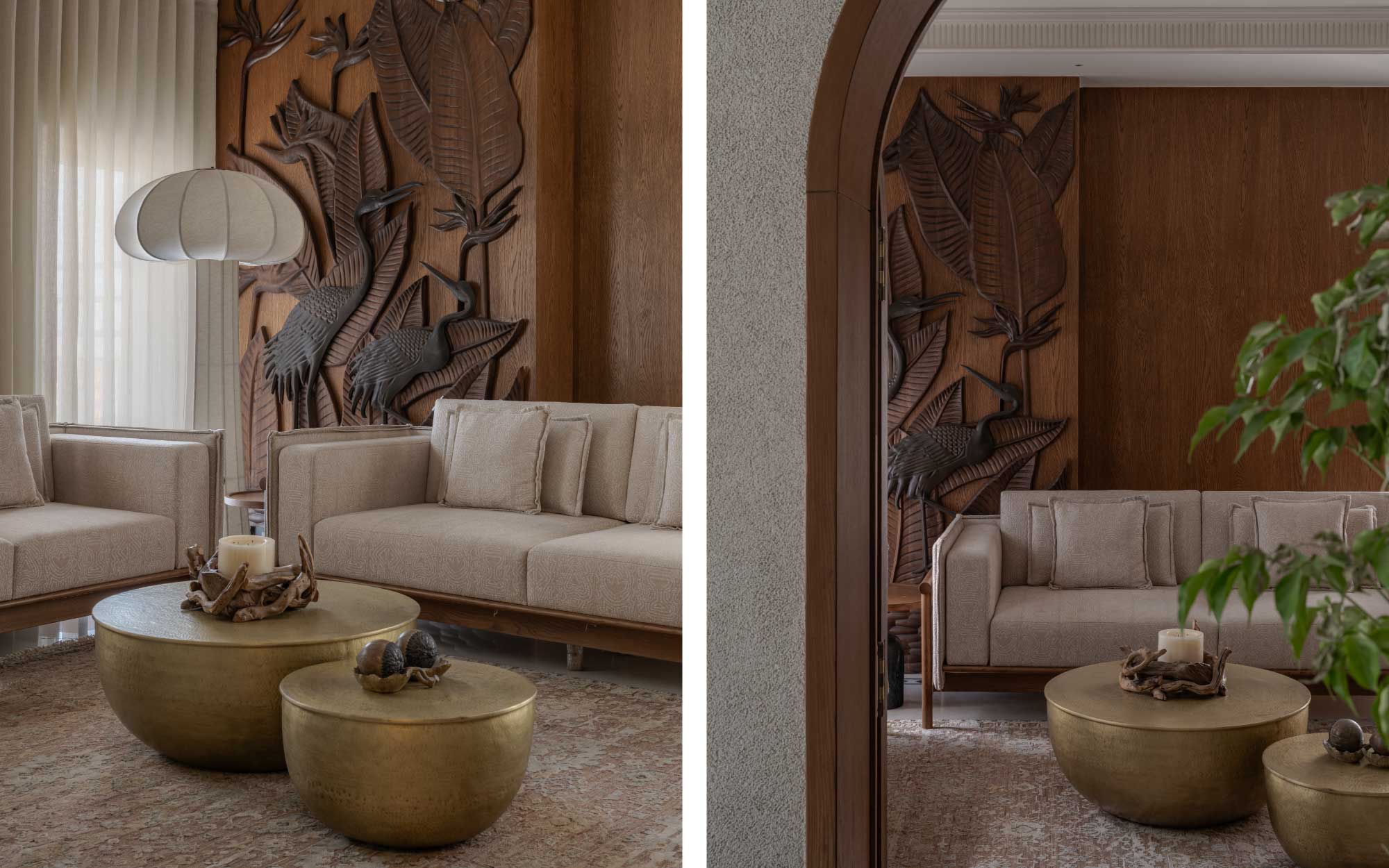 Left: A harmonious blend of wooden traditional techniques with modern designs, this living room features a stunning mural. Right: The archway frames a perfect composition of varied visuals, colours and textures. (Image Credits: Noaidwin Studio)
