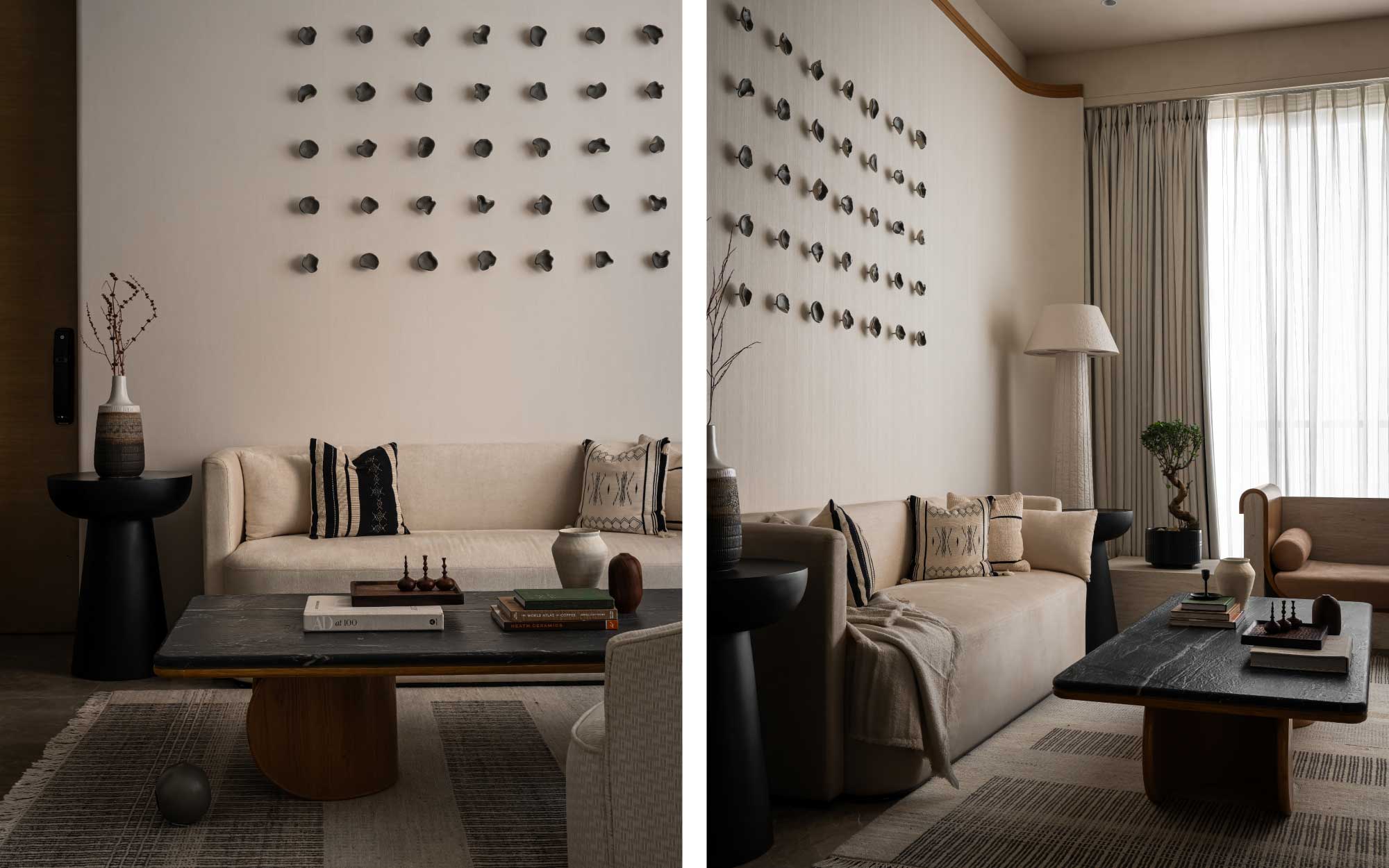Left: A harmonious assembly of handcrafted clay pieces creates a light-weight yet large-scale installation. Right: The relief from the surface creates a dynamic character with the play of light and shadow. (Image Credits: Jubin Johnson) 
