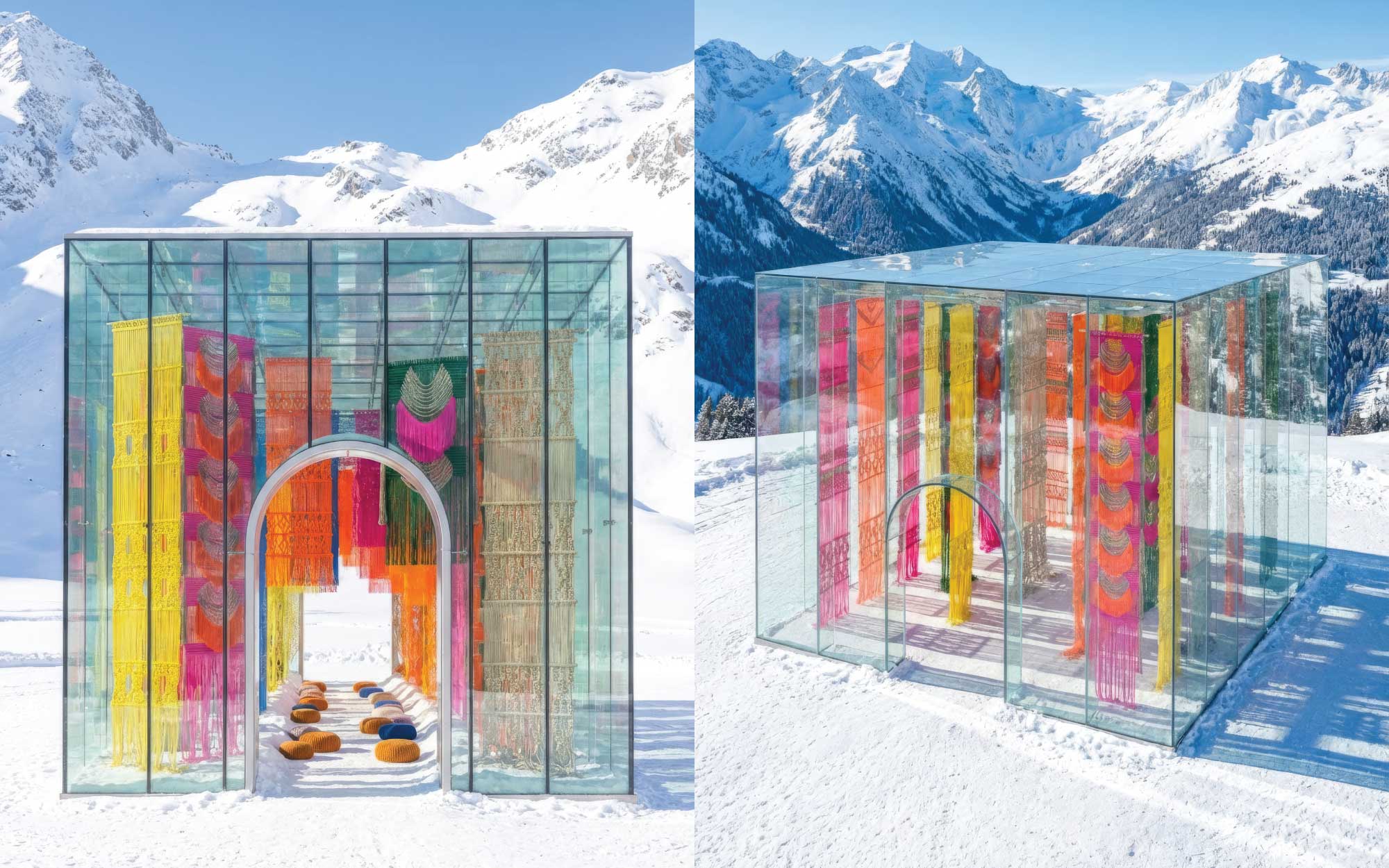 Saturated fibres suspended within a transparent pavilion puncture the whiteness of snow with warmth, tactility, and chromatic intensity. (Image Credits: Milla Novo)
