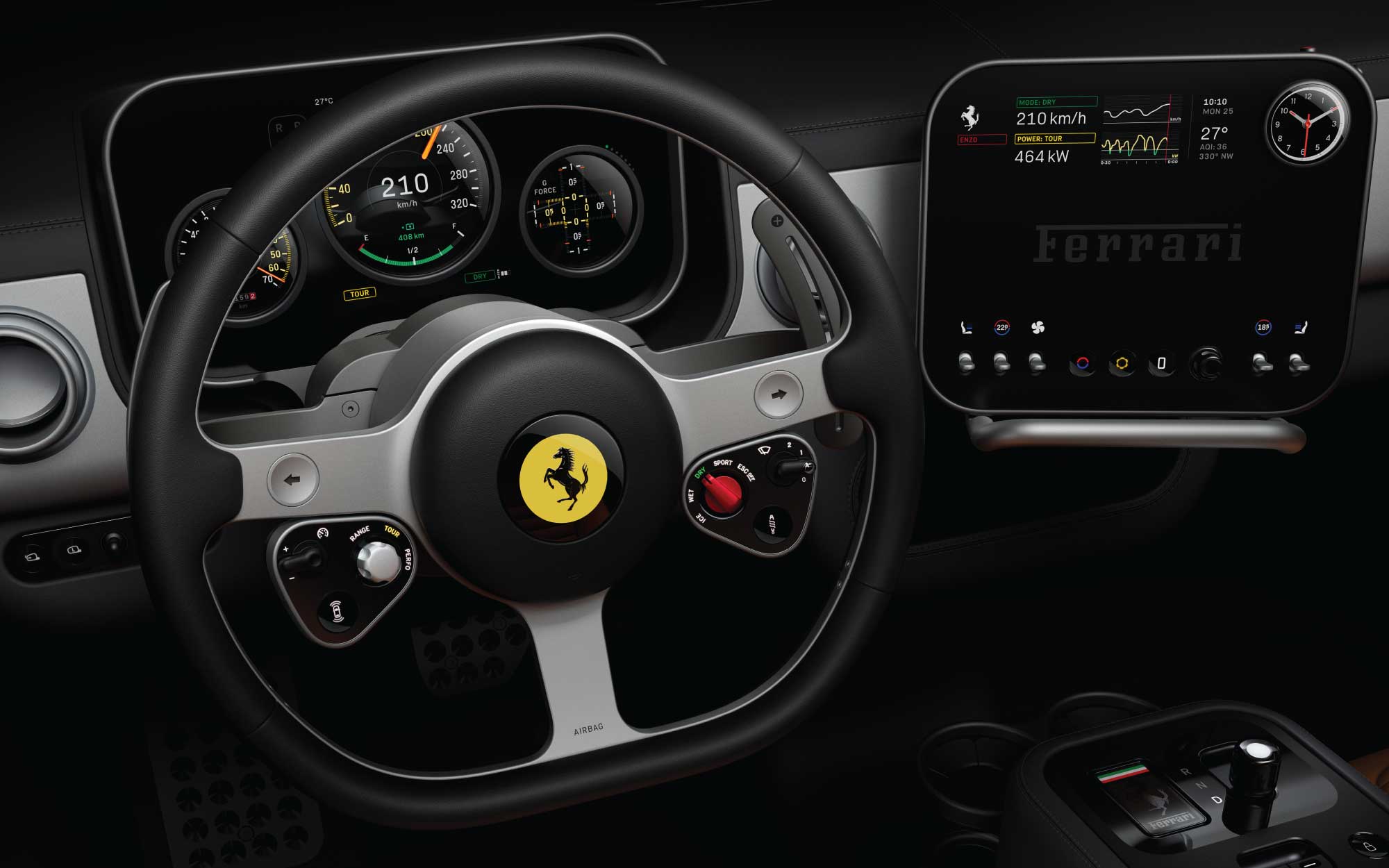 The three-spoke steering wheel, paired with a moving binnacle, subtly nods to Ferrari’s 1960s racing cars while blending tactile aluminium controls with futuristic precision. (Image Credits: Ferrari)
