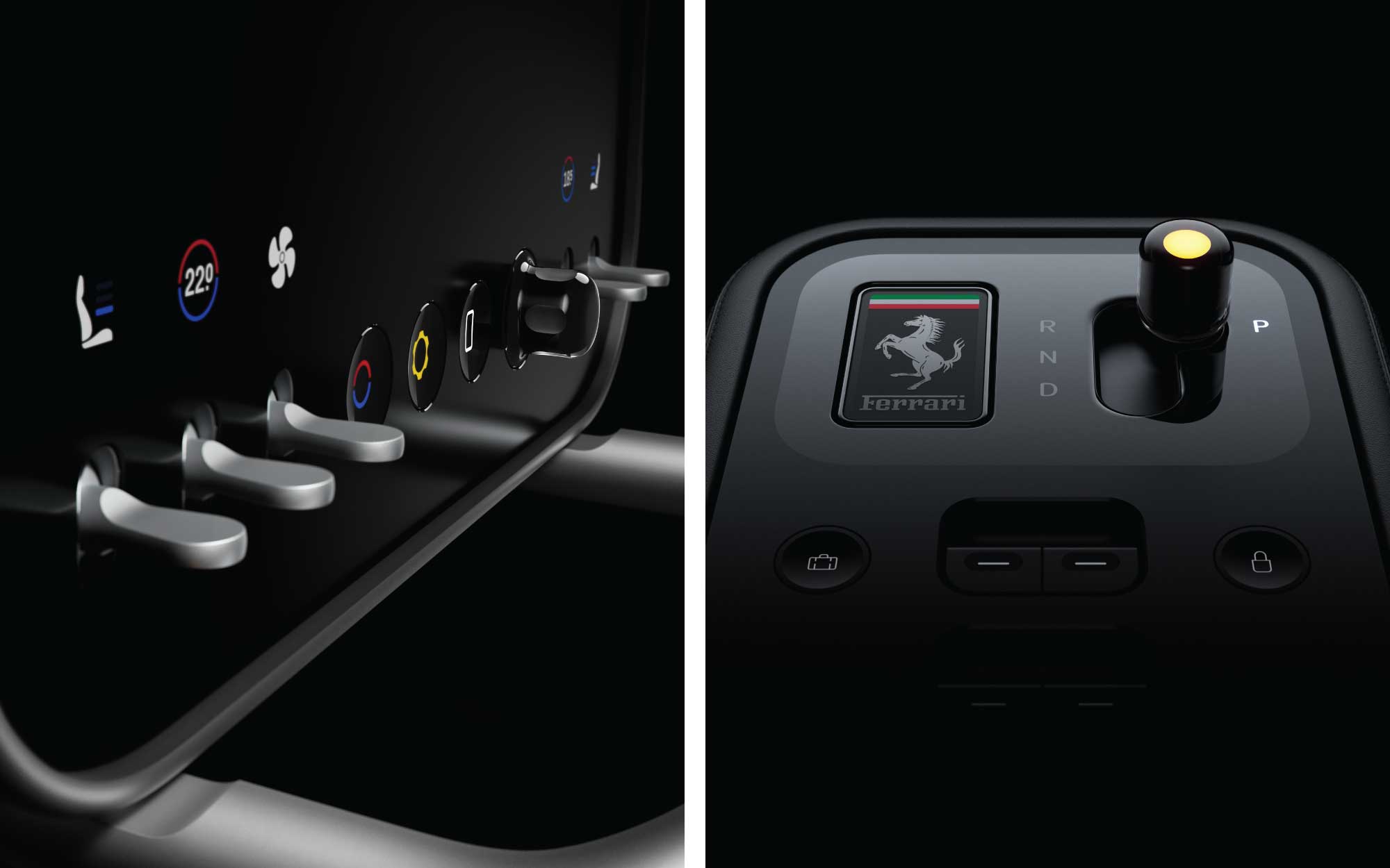 Left: Inspired by analogue controls, the Luce’s tactile metal toggles and sensorial controls make interacting with the cabin feel instinctive, physical, and deeply immersive. Right: Ferrari brings back the feel of classic driving through the Luce’s tactile shifter controls. (Image Credits: Ferrari)

