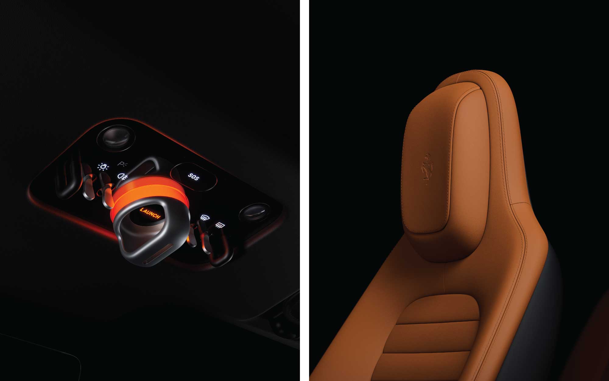 Left: The overhead control panel houses a physical pull that initiates Launch Mode. Right: Seats are beautifully refined and simple forms that are functional, supportive, comfortable, and luxurious. (Image Credits: Ferrari)

