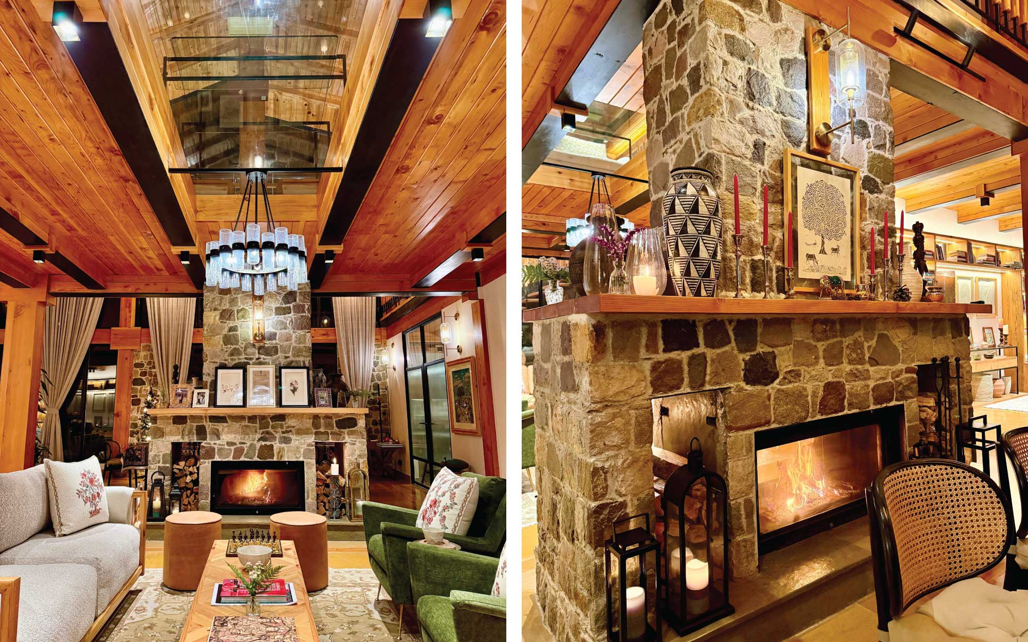 Left: A dual-sided stone fireplace anchors the heart of Aatman, welcoming visitors as both a source of warmth and a sculptural centerpiece. Right: Designed with reclaimed stone and advanced combustion, it balances sustainable efficiency with the timeless ritual of gathering around the fire. (Image Credits: Rahul Mishra)
