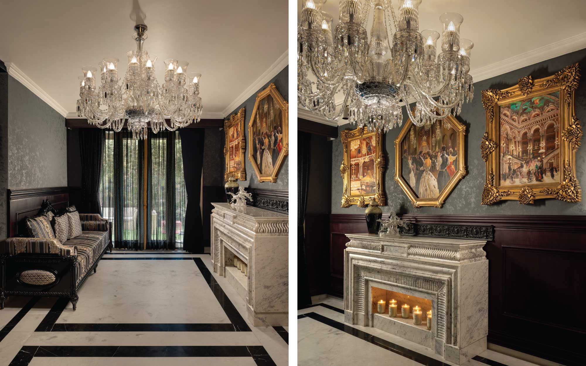 Left: A carved stone fireplace anchors the entry foyer, establishing the home’s first impression with bold European character. Right: Darker tones, ornate frames, and intricate marble detailing lend the space depth and quiet grandeur. (Image Credits: Atul Pratap Chauhan)
