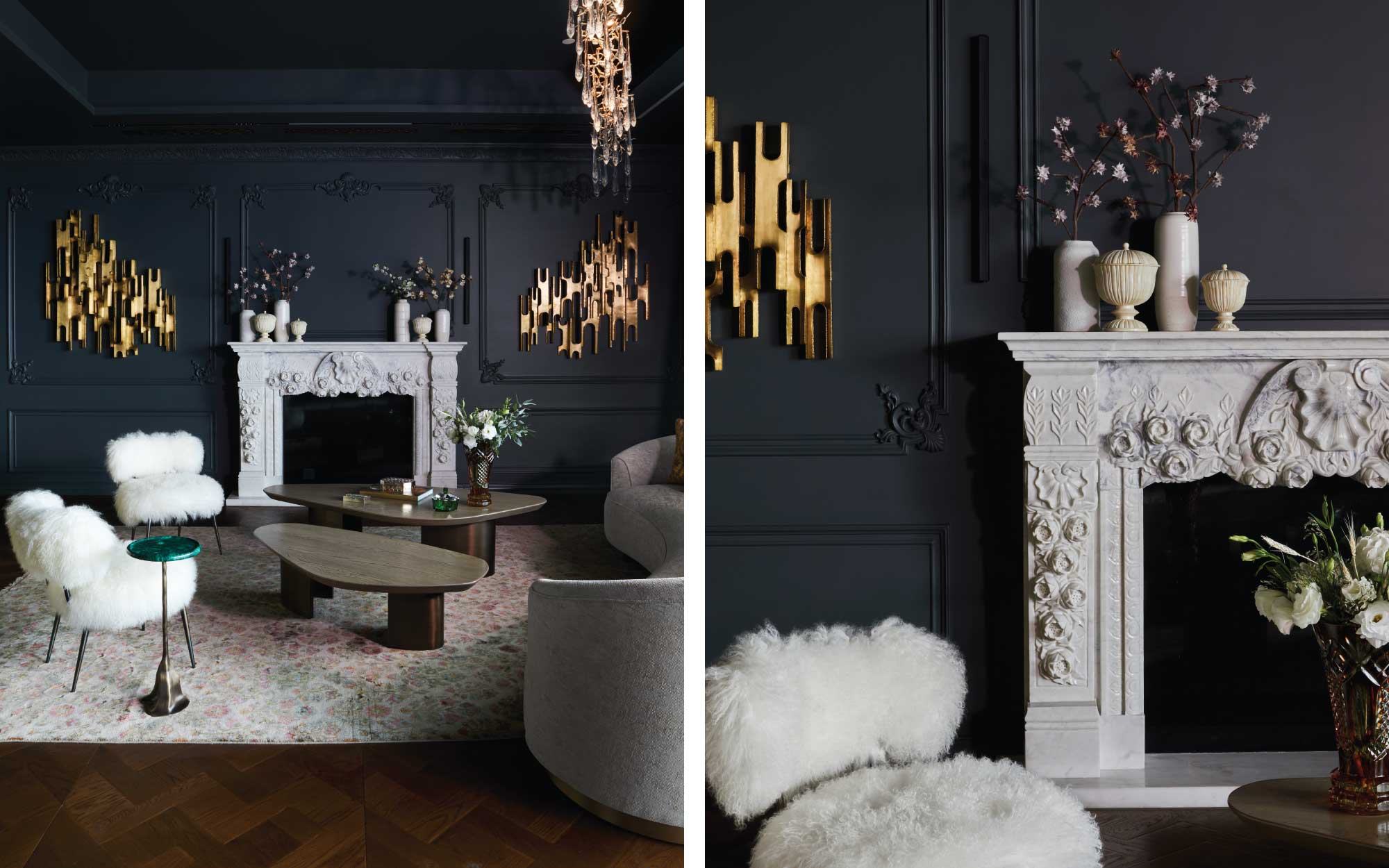 Left: In the living room, a handcrafted fireplace from StoneArt Asia anchors the space. Right: its carved stone mantle offering a tactile counterpoint to the room’s softer furnishings, paying homage to the rich legacy of Indian craftsmanship. (Image Credits: Ashish Sahi)
