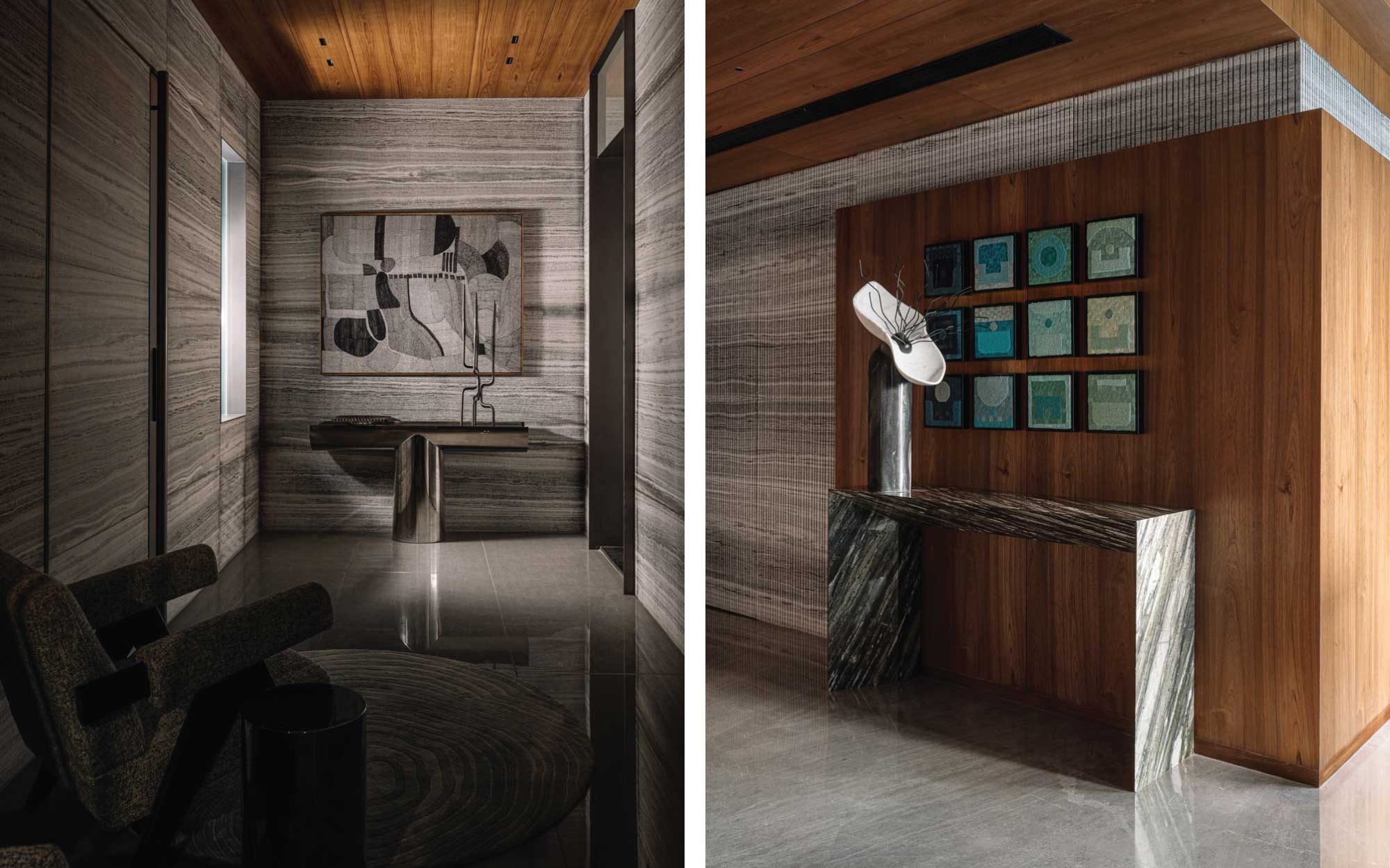 Left: The first foyer, where black and white Indian travertine wraps the walls, and a sparkling steel console catches the light, crowned by an artwork from Morii Designs. Right: The second foyer softens everything, offering a collage of small square fabric artworks from Dhaaga Designs, alongside a signature stone console. (Image Credits: Ishita Sitwala)
