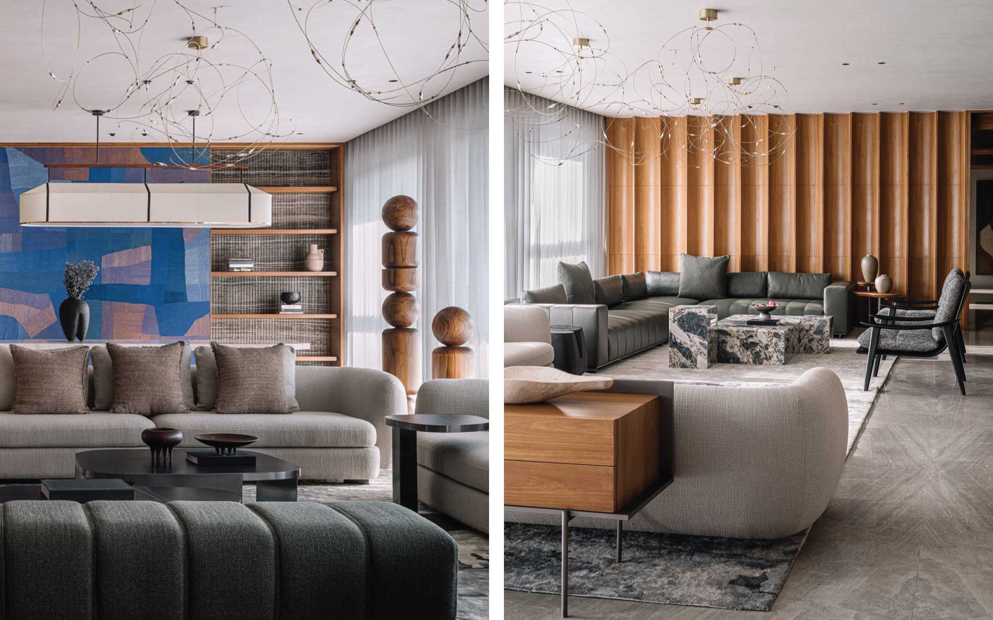 Left: In the communal zone, a full-height textile artwork from Dhaaga Designs meets warm wood. The suspended light is from Enerzone India. Right: The scalloped wood wall is the living room's quiet protagonist, grounded by a green leather sectional and a veined marble coffee table. (Image Credits: Ishita Sitwala)
