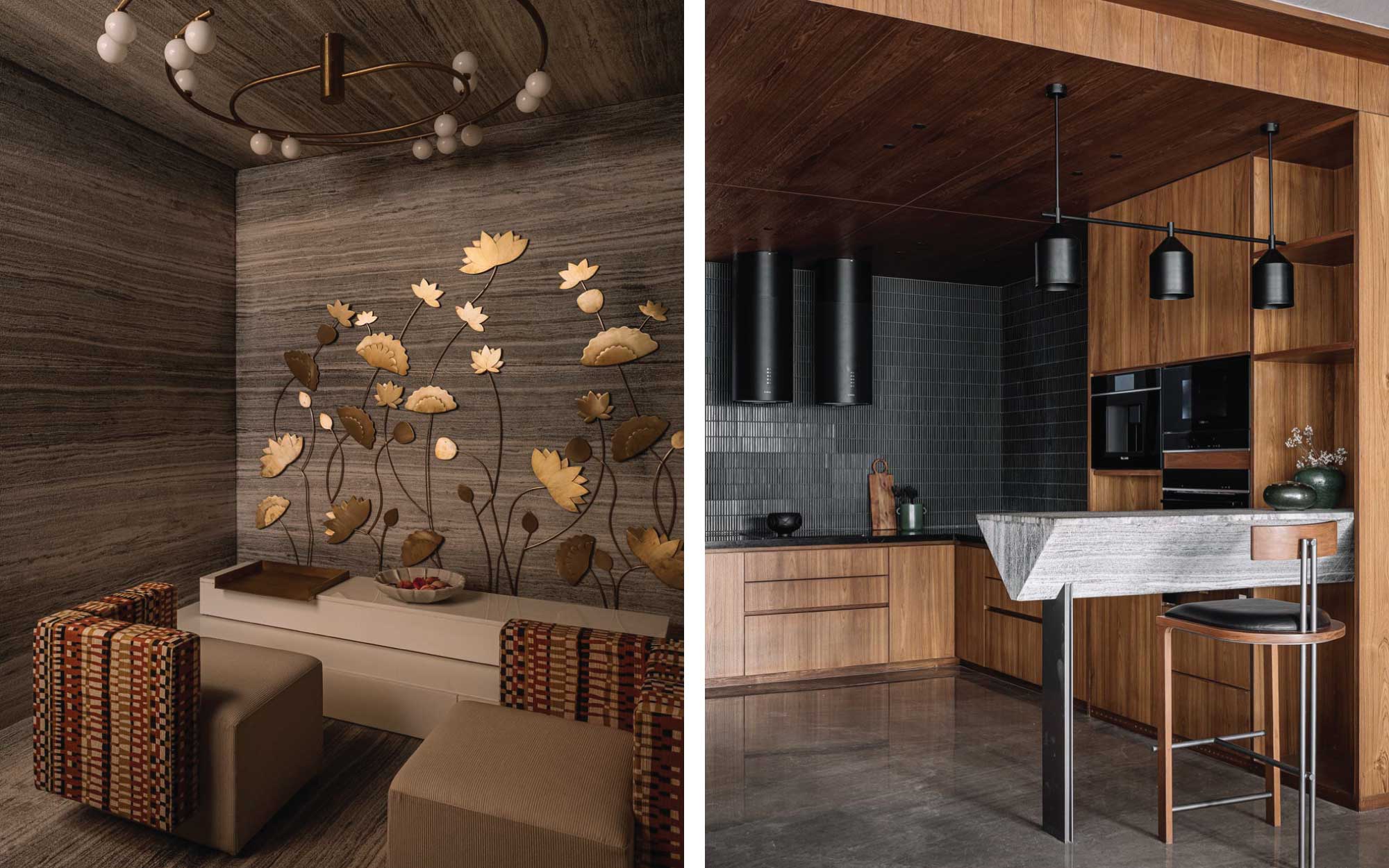 Left: The black and white travertine from the first foyer reappears in the intimate Pooja room, complemented by a statement light from Hatsu. Right:  The kitchen opens into the communal zone, unified by a wooden ceiling and distinguished by a cylindrical chimney that contrasts with the planarity of everything surrounding it. (Image Credits: Ishita Sitwala)
