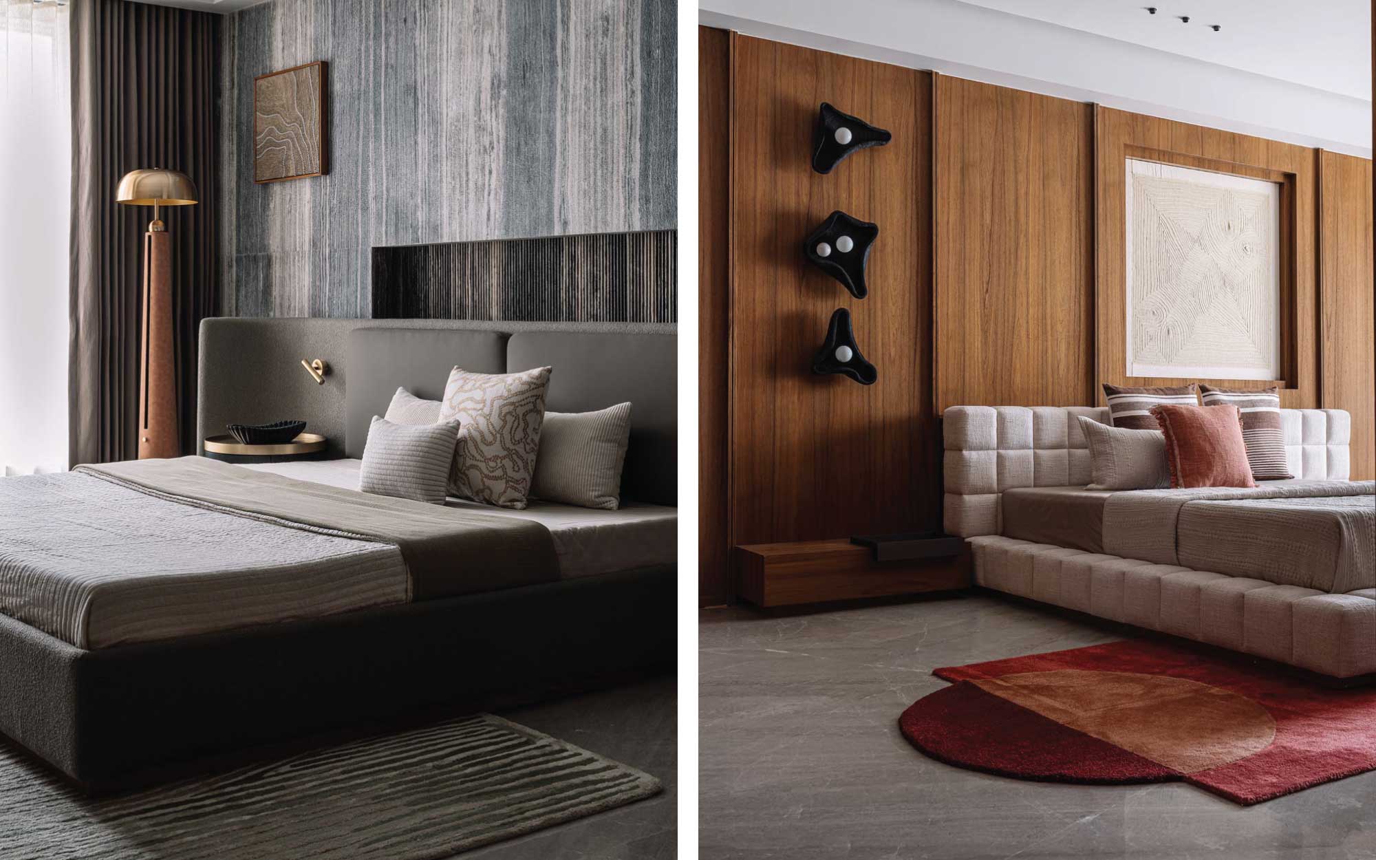Left: The guest bedroom is a clean-lined slate, featuring a bespoke bed and fabric artwork from Dhaaga Designs. Right: An ensemble of eclectic elements highlights the son’s bedroom, such as the wall sconces by Shailesh Rajput, and a vivid red floor tapestry from Jaipur Rugs. (Image Credits: Ishita Sitwala)
