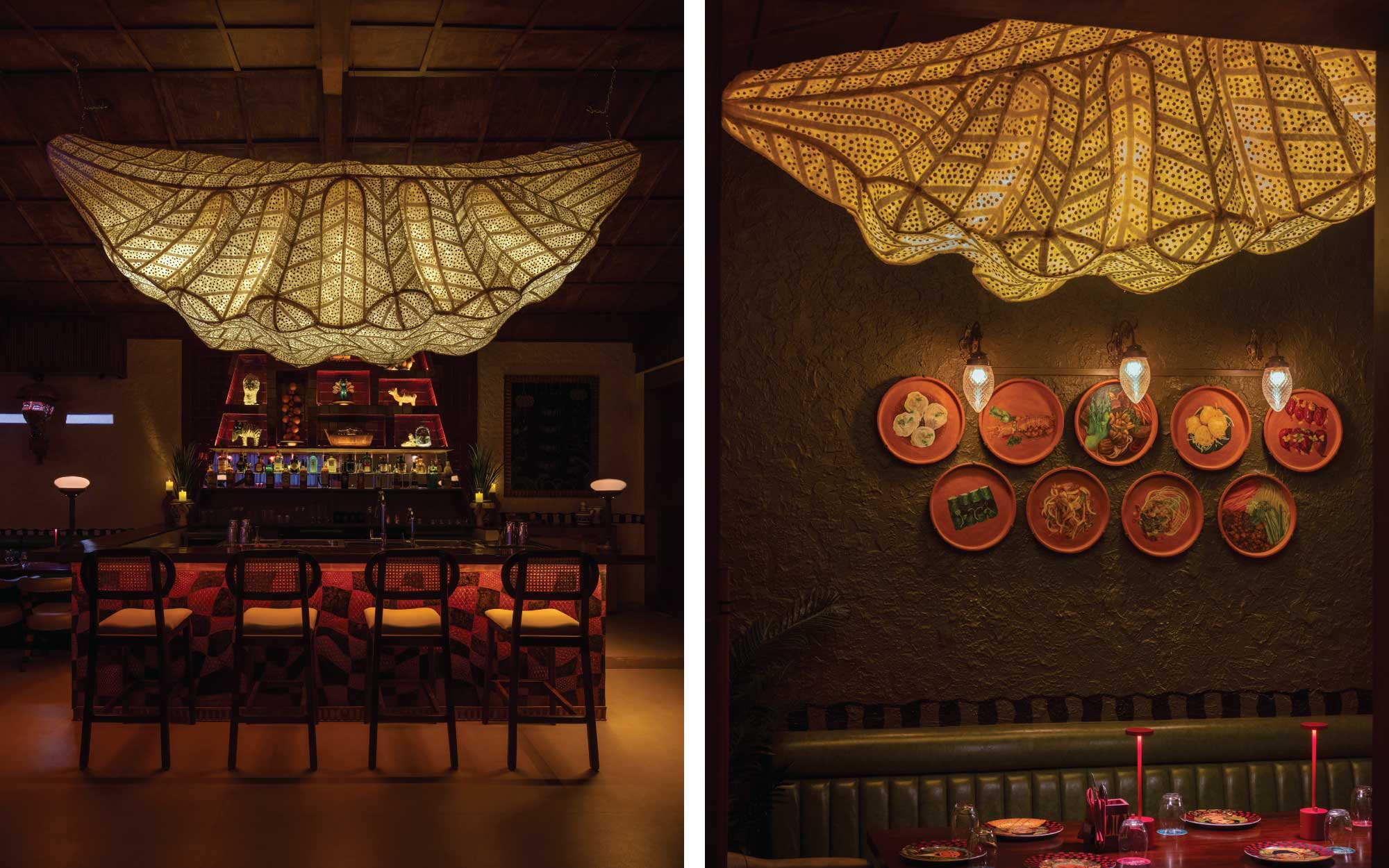 The agave fruit light installation emerges as a recurring centrepiece, its sculptural presence anchoring the space. 
( Image Credit: Lili Hyd)
